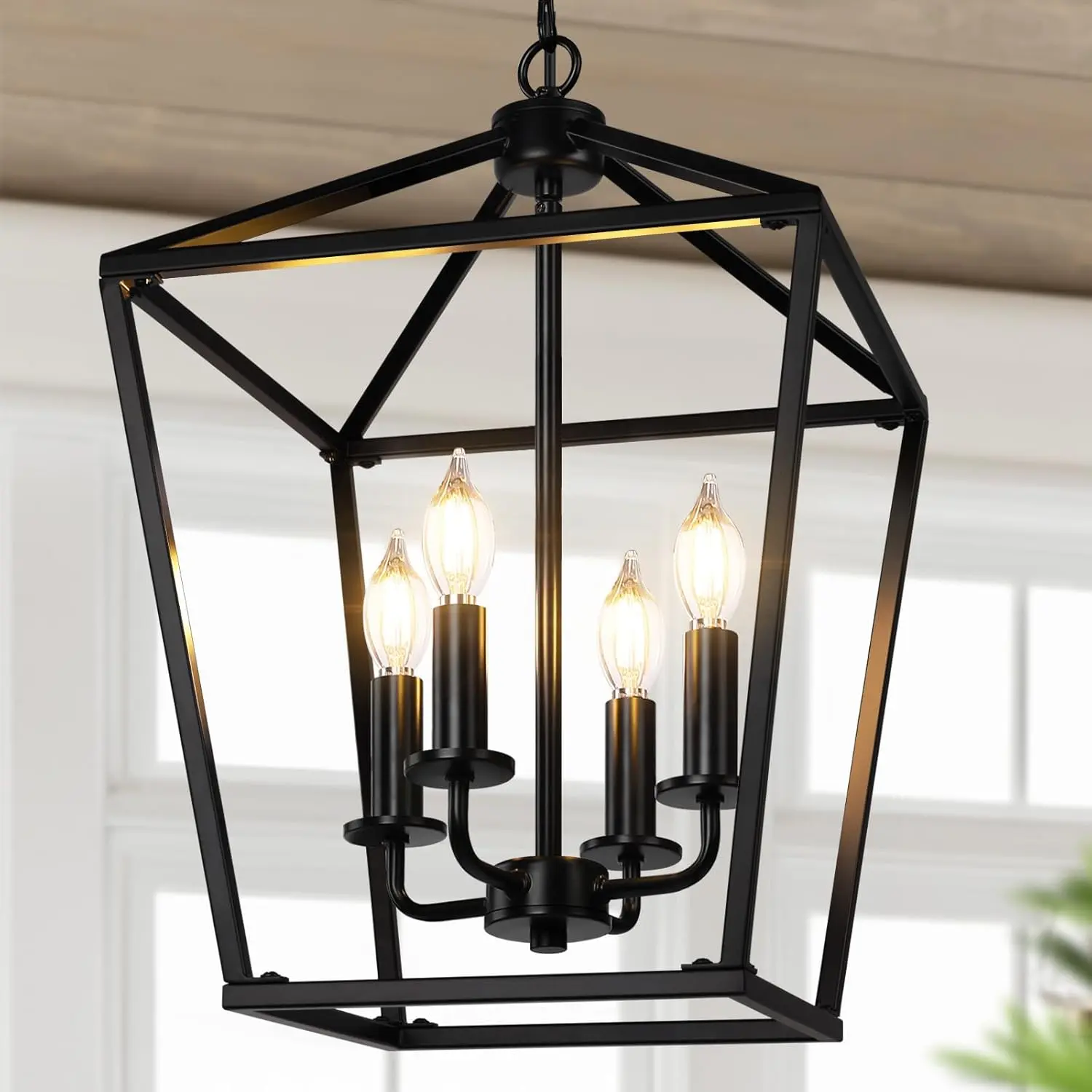 4-Light Black Farmhouse Metal Cage Chandelier, Adjustable Height Industrial Pendant Light Fixture for Kitchen Island, Dining Room