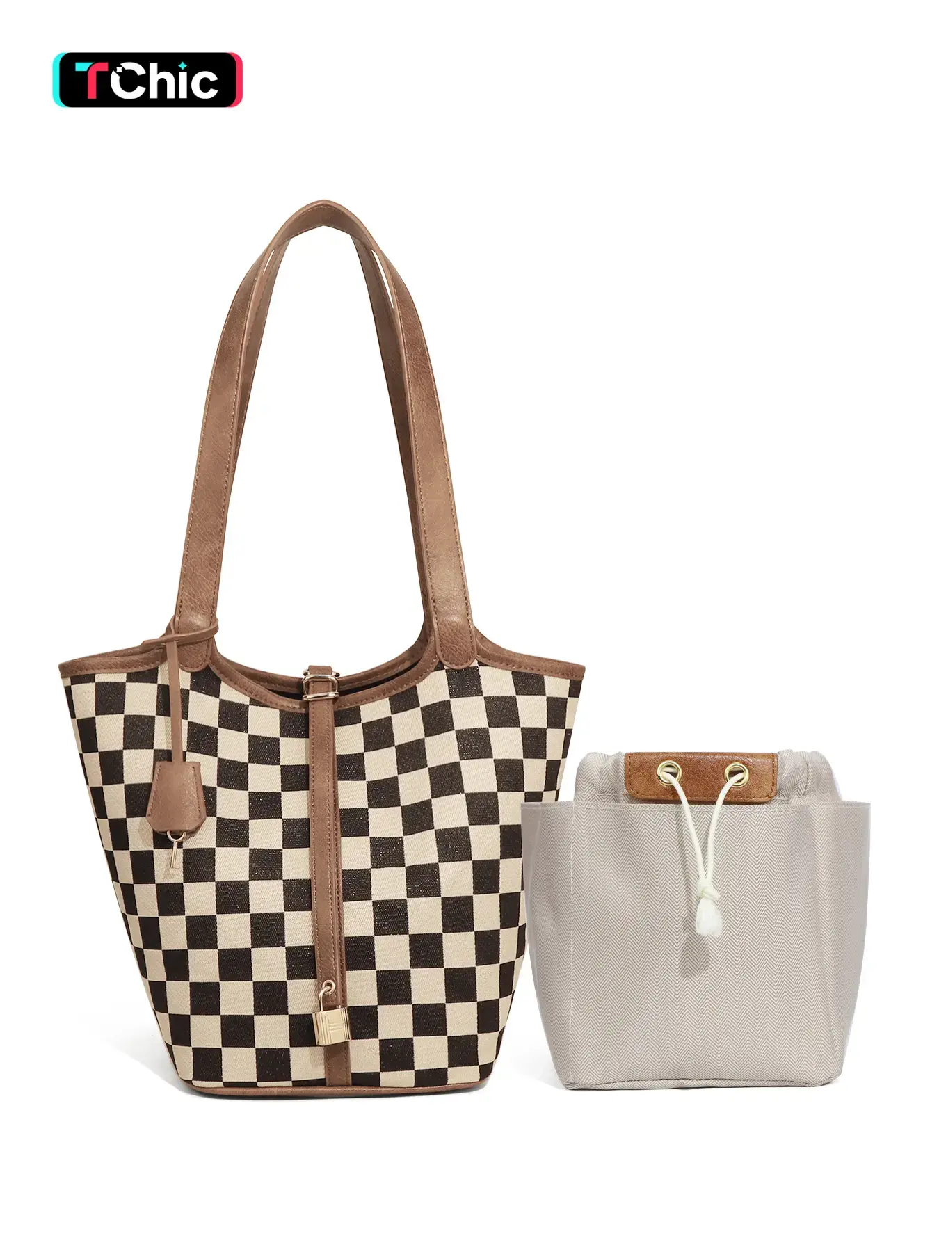 Women's Plaid Tote Bag, Checkerboard Pattern Purse, Top Handle Handbag, Shoulder Bag with Detachable Small Purse, Checkerboard Vegetable Basket Shape Satchel Bags, Top Handle Shopper, Shopping bag and Holidays gifts, Suitable for work, commuting, travel