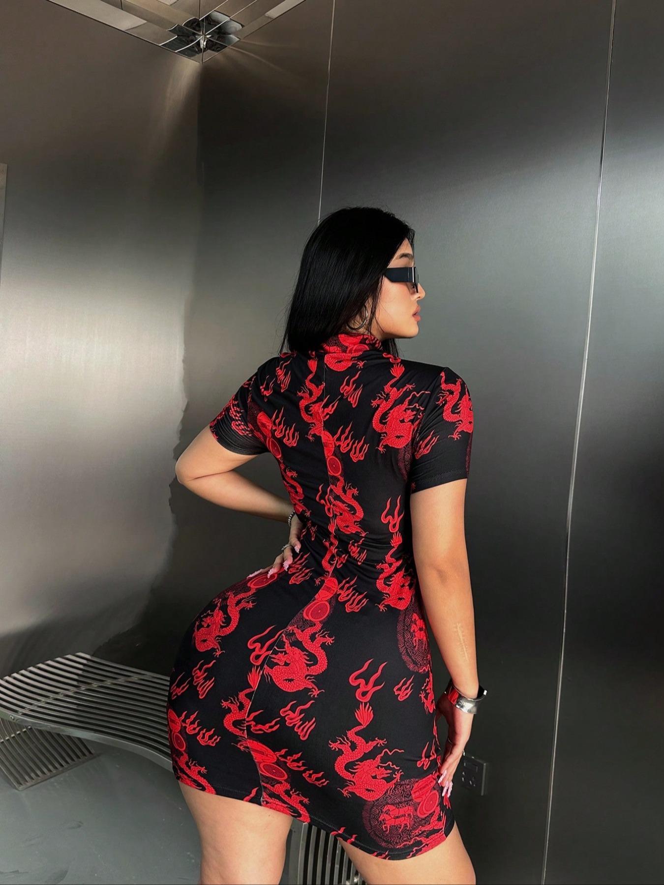 [plus Size] Ethnic Pattern Print Mandarin Collar Bodycon Dress, Short Sleeve Short Dress for Party Holiday Wedding Guest, Women's Clothes for All Seasons, Formal Dress Hides Tummy, Dresses For Wedding, Polyester Dress