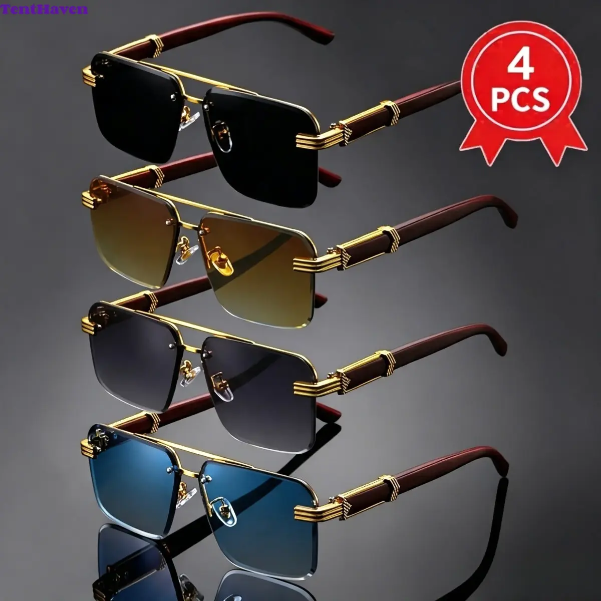 Unisex Polarized Sunglasses 4-Piece Set - Retro Look, Oversized Square Frames, Lightweight Nylon Construction, Double Bridge Styles, for Party & Casual Wear, Men's Accessories, Cycling Leisure Gear