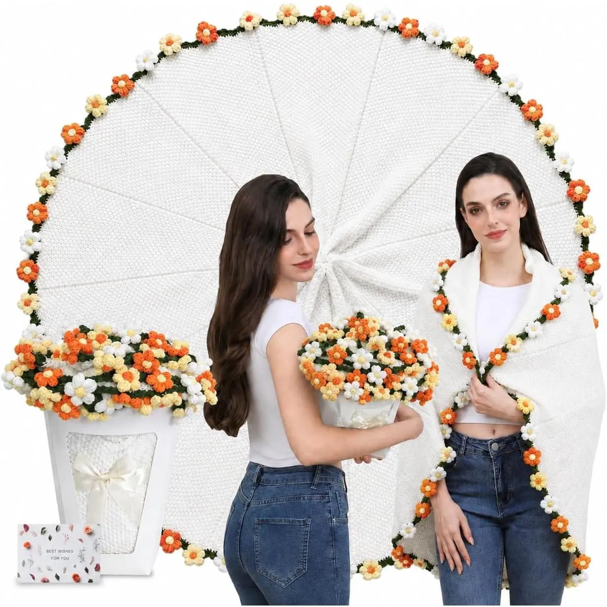 43 In 1-Piece Crochet Puff Flower Bouquet Theme Throw Blanket, Modern Fade-Resistant Soft Synthetic, Knitted Flower Motifs, Teen Girls Gift for Christmas/Birthday Gift Occasions, One-Piece