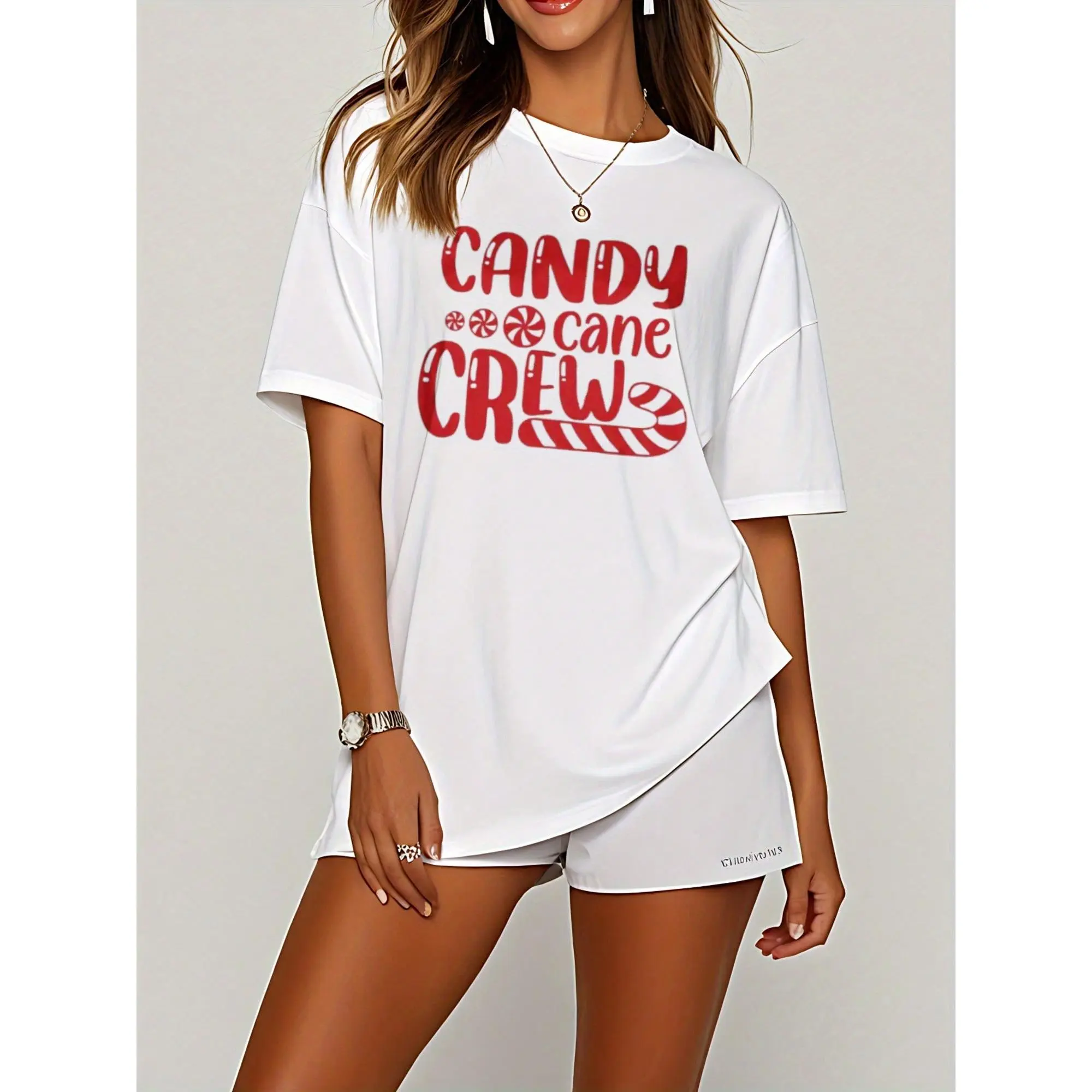 Candy Cane Crew Graphic T‑Shirt for Women, Red Candy Cane Peppermint Print Christmas Short Sleeve Tee, Funny Family Matching Holiday Casual Top