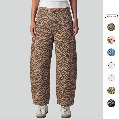 Imily Bela Womens High Waisted Barrel Jeans Unique Knee Dart Design Loose Fit Denim Pants Fashion Floral Leopard Zebra Polka Dot Prints Multiple Colors with Pockets