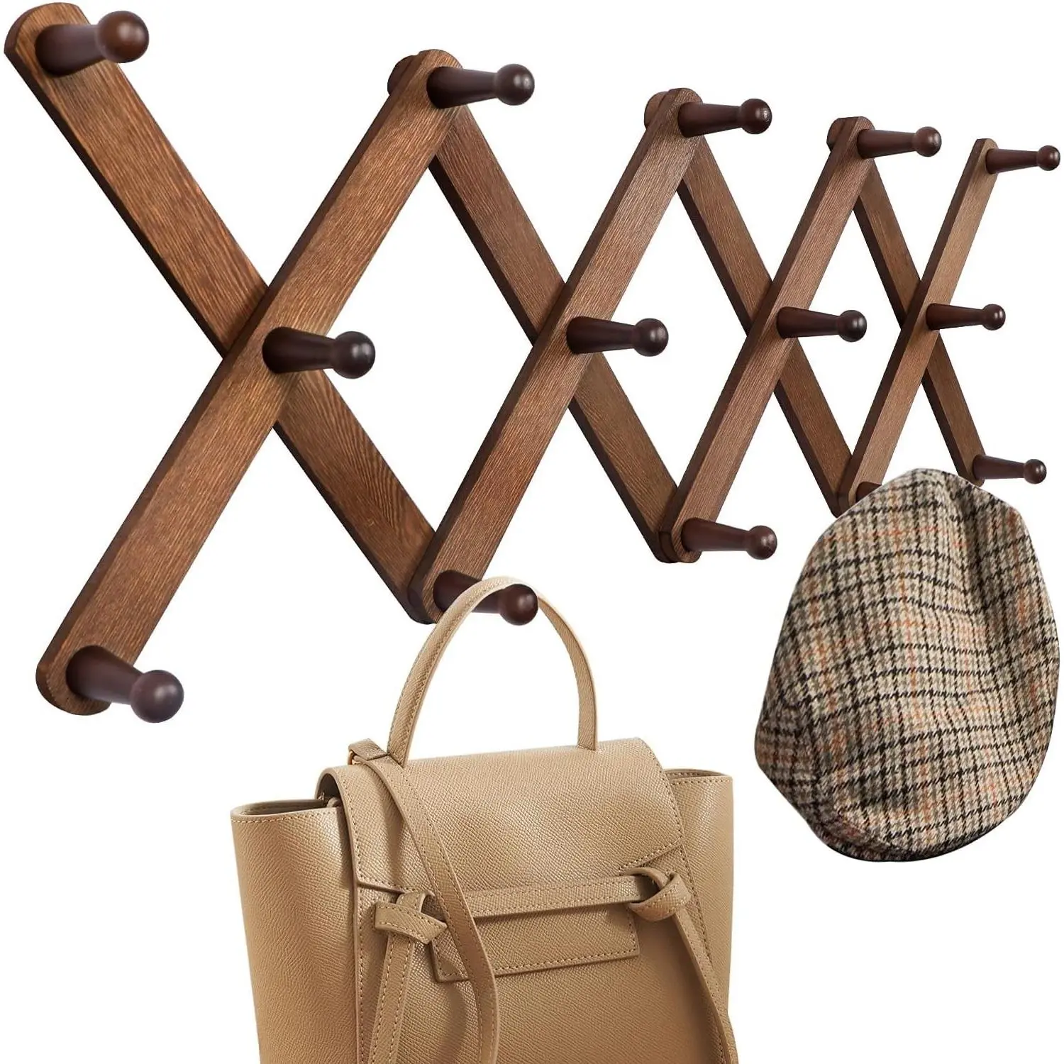 Expandable Wood Accordion Wall Hanger, Wall Mounted Expandable Coat Rack with 14 Pegs, Expanding X Shape Wall Hat Rack, 27"×10", Walnut Color