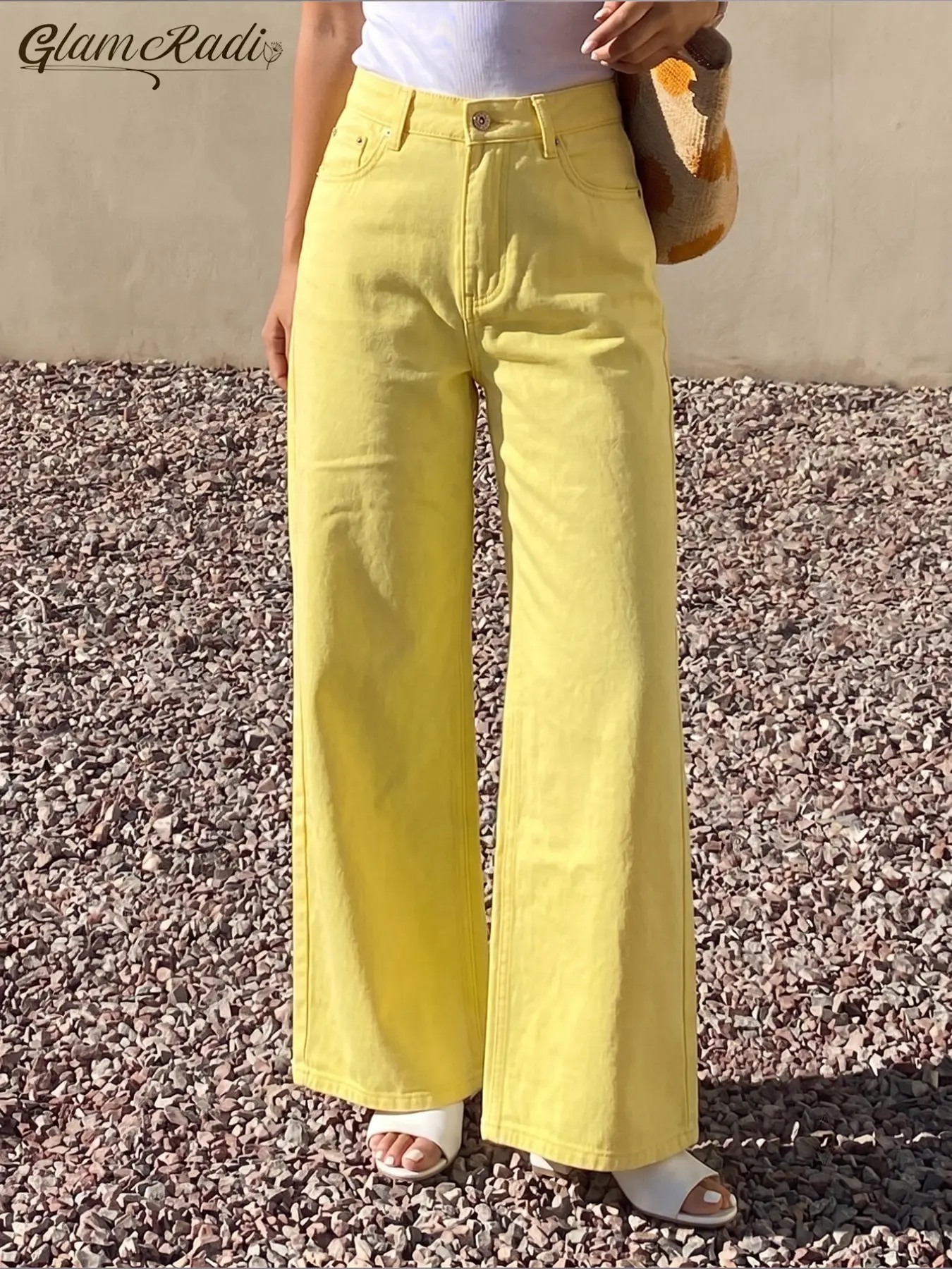 Women's Solid Wide Leg Jeans, High Waist Front Button, Elastic Back Waist, Pockets, Straight Fit, Casual Long Pants