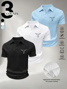 Men's Summer Textured Short Sleeve Polo Shirts 3-Pack, Simple Design, Soft and Versatile, Multiple Colors, Ideal for Outdoor Activities