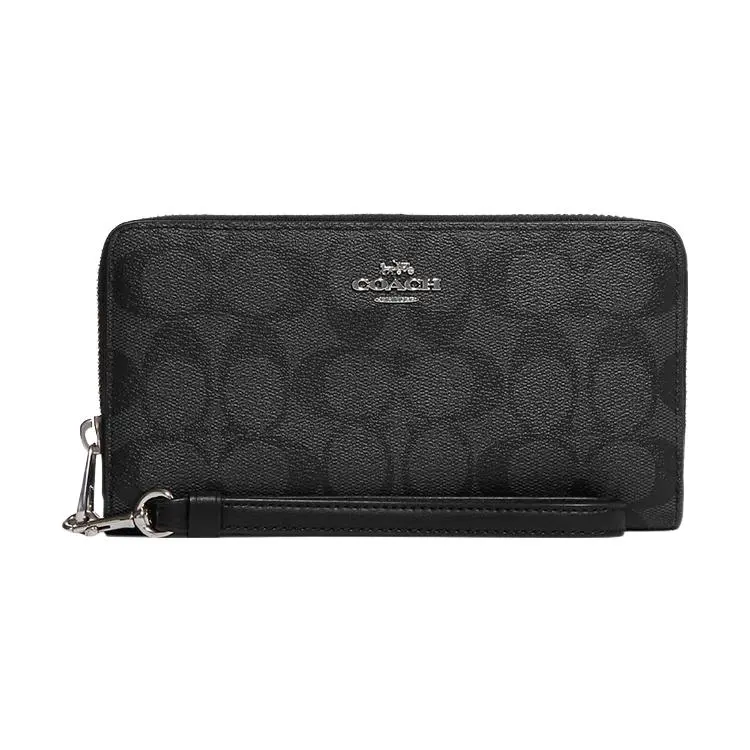 COACH Zip-Around 19 Classic Monogram Coated Canvas and Leather Card Wallet for Women, Black