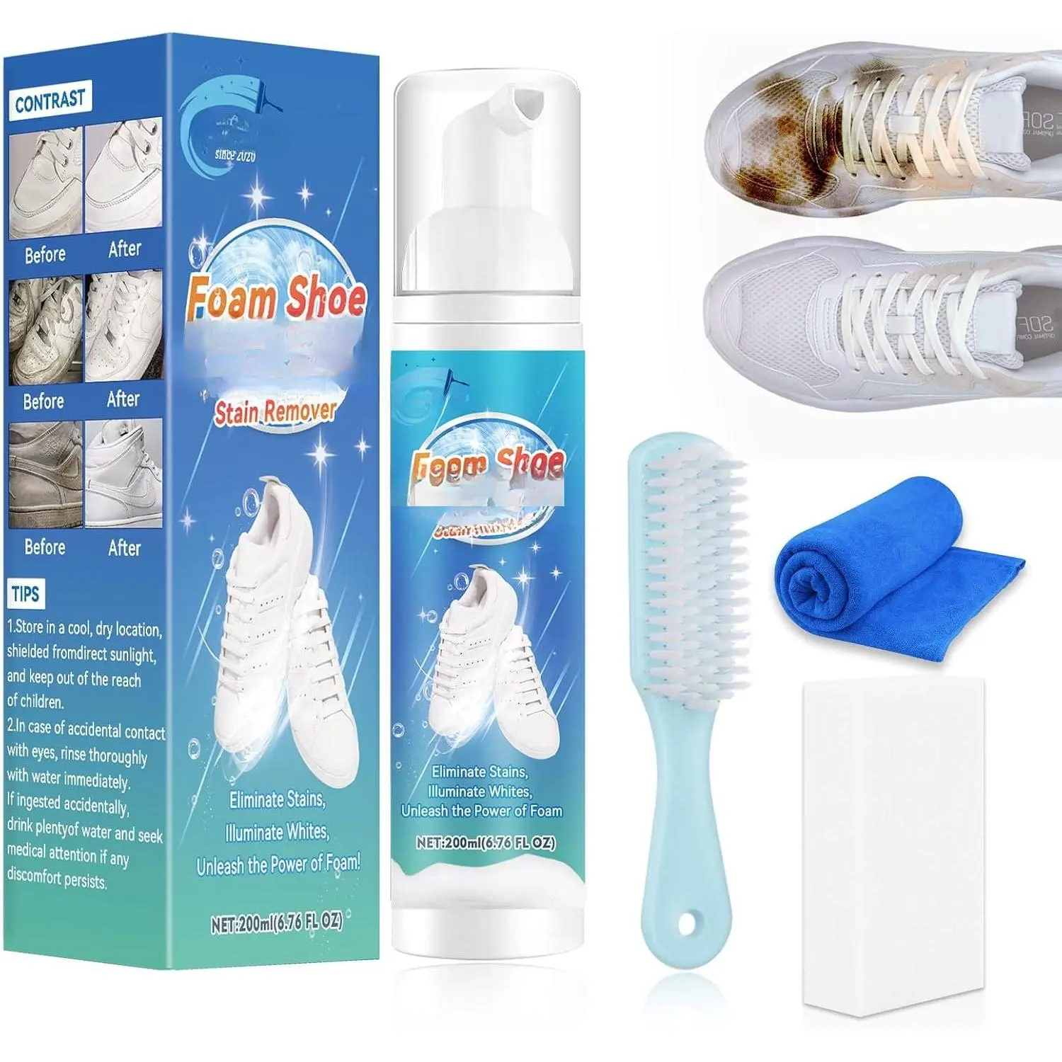 White Shoe Cleaner, 6.76 Oz Shoe Cleaning Kit with Brush and Towel, Sneaker Cleaner Work  Leather, Knit, Canvas, Suede, PU