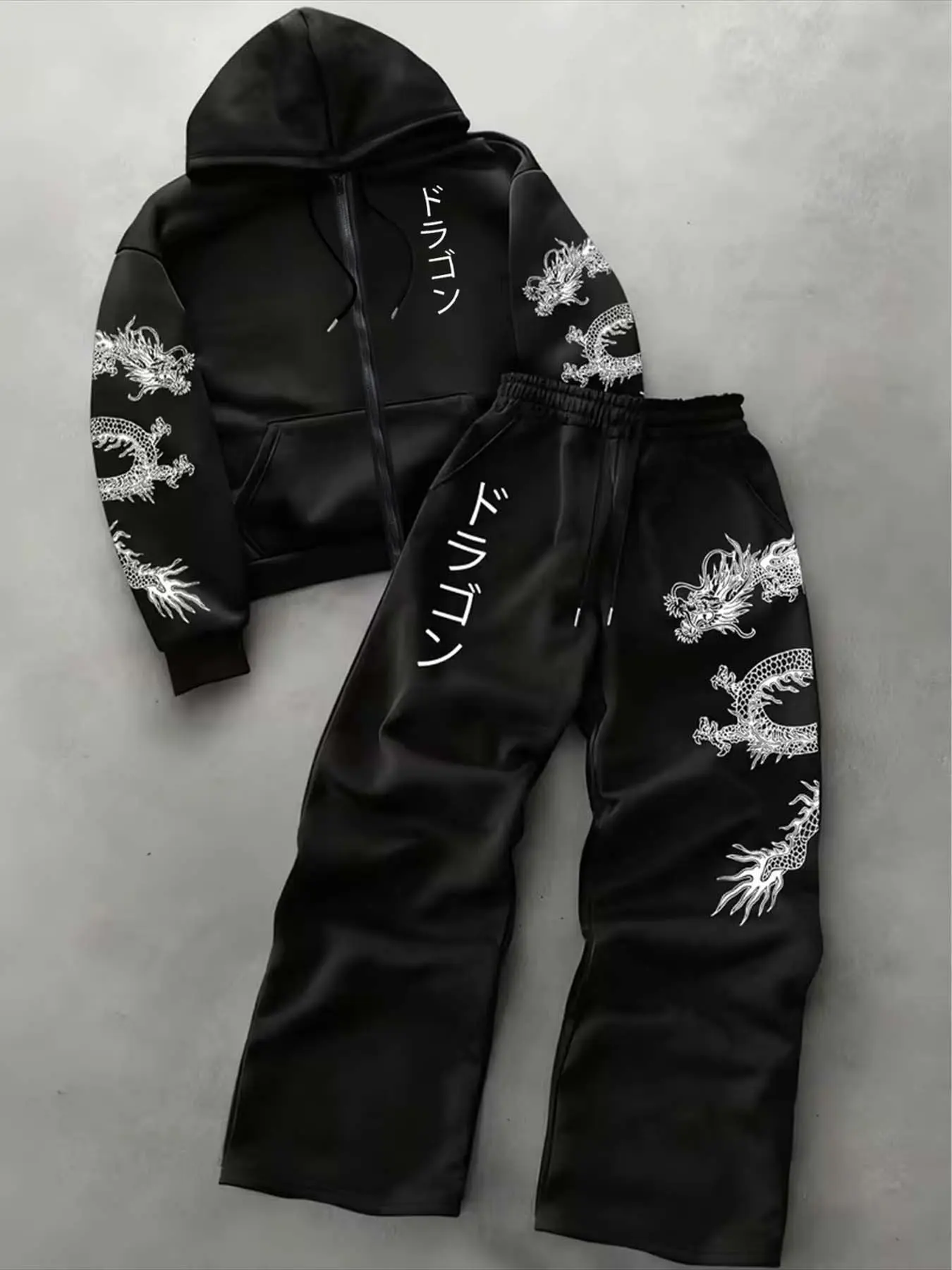Trendy Men's Japanese Style Dragon Pattern Suit, Casual Loose-Fit Hooded Jacket with Zipper, Drawstring Sports Pants, Fashionable Hoodie Sweatpants Set