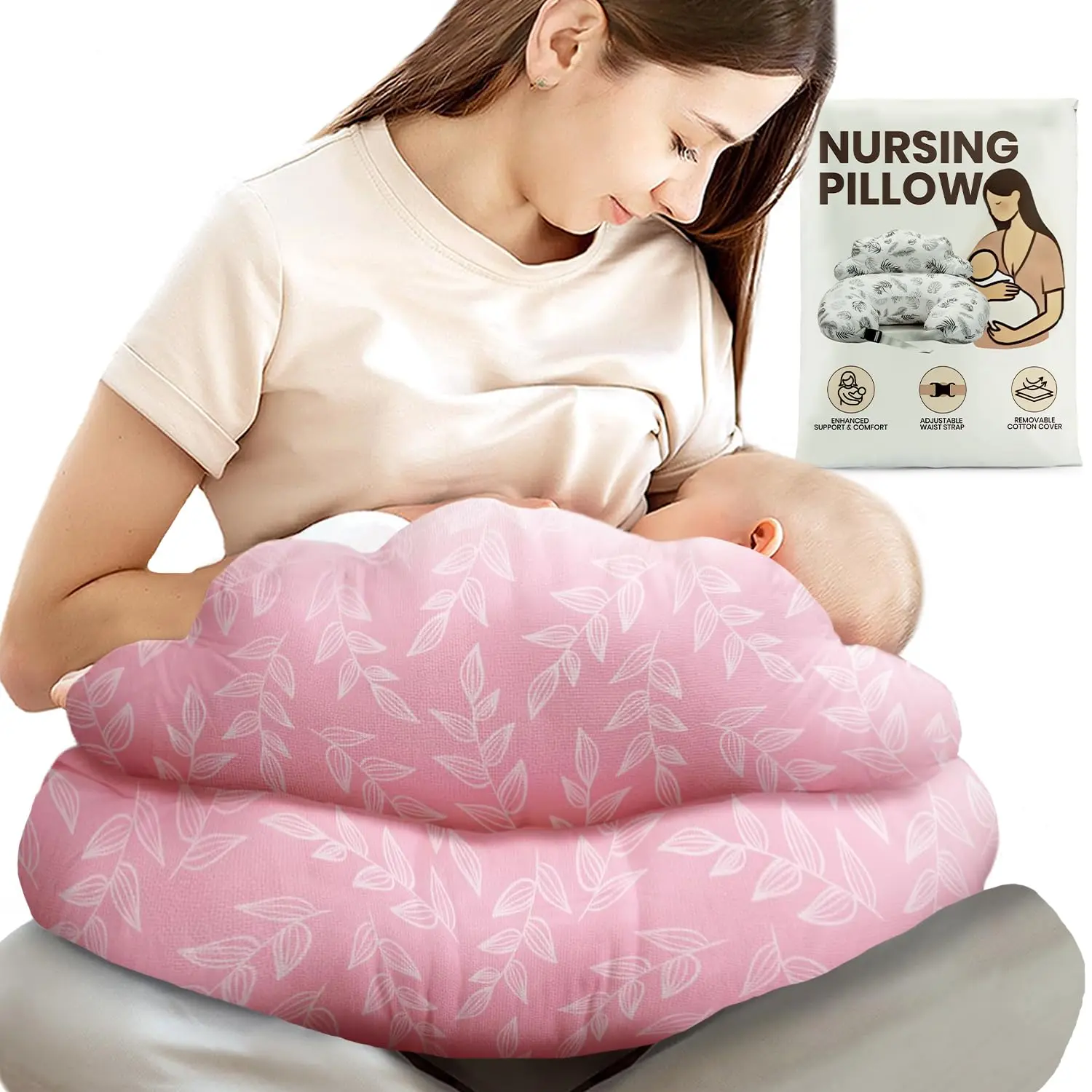 Nursing Pillow Cushion with Removable 100% Cotton Cover, Ergonomic C-Shape Base and Adjustable Strap, Customizable Size with Zipper Closure for Breastfeeding Support