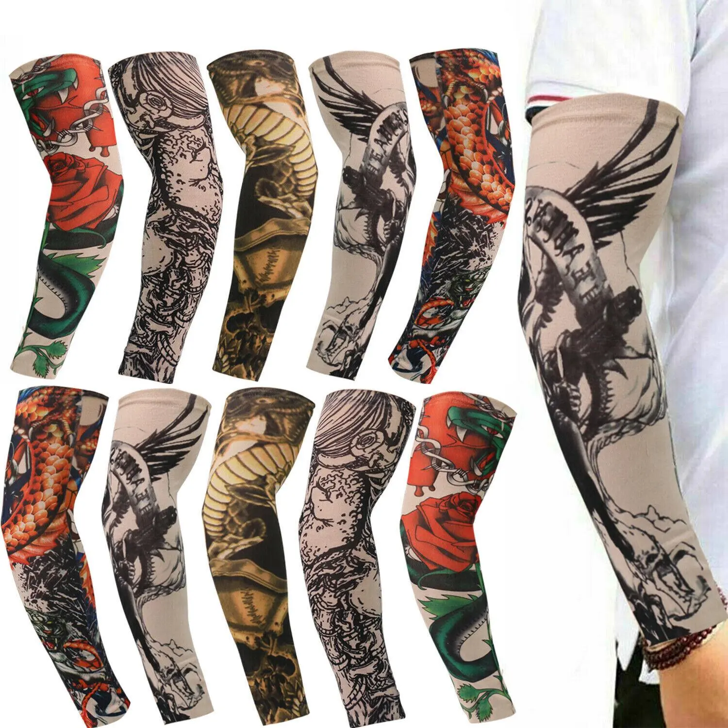10PCS Tattoo Arm Sleeves, UPF 50+ UV Protection Cooling Ice Silk Sun Sleeves, Stretchy Fake Tattoo Sleeves for Men & Women for Outdoor Activities