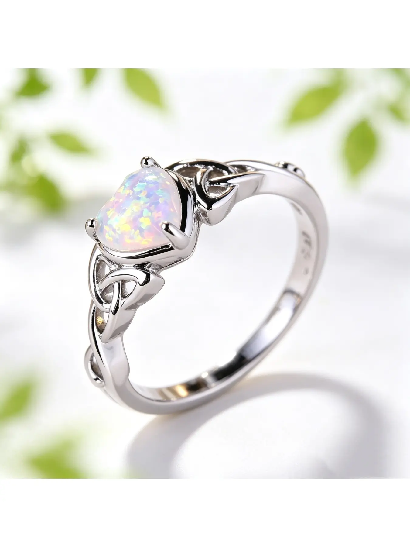 Heart Shiny Opal Celtic Twist Thin Shank Engagement Ring, Bridal Ring, Romantic Fairy Gift for Women, Hollow Woven Band for Everyday Wear, Vintage Gem Jewelry for Valentine Christmas Mother’s Day Proposal Date Banquets