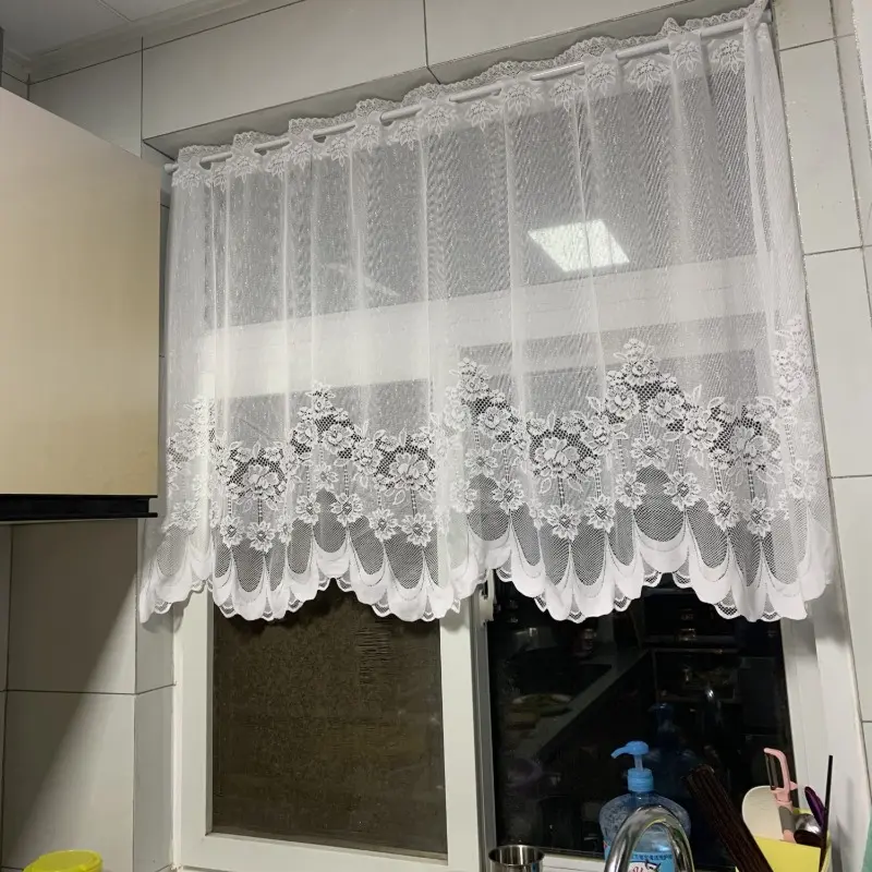 White lace chiffon curtains - Floral pole pocket curtains with ruffles, semi-transparent and light-blocking, suitable for kitchens and dining rooms, machine washable country style window decor, Home Decoration Curtain