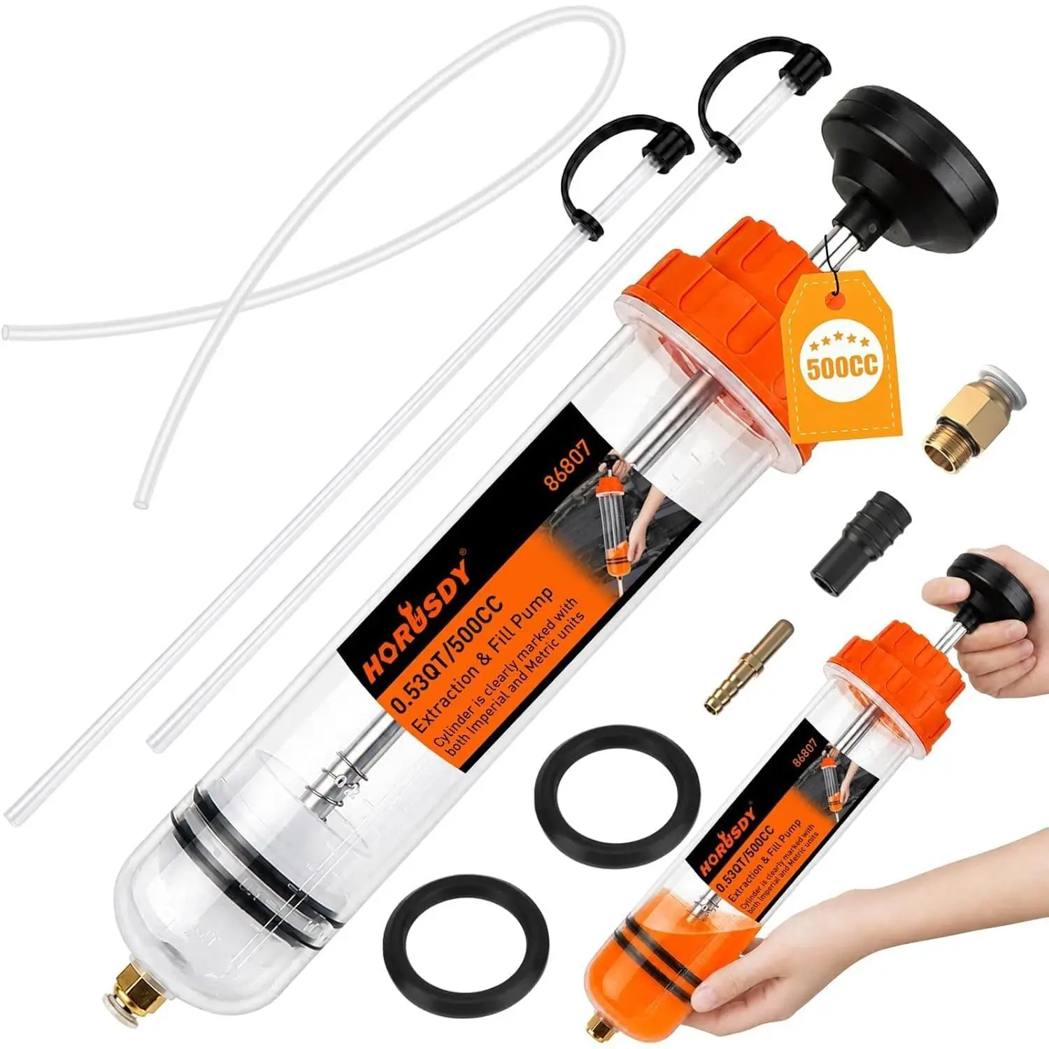 500CC Fluid Extractor and Fill Pump, Manual Oil  Suction Pump with Long Hose and Extension Tubes, Automotive Fluid Transfer Pump for Oil,  Fluid, Coolant, Gear Oil, , , Lawn Mower