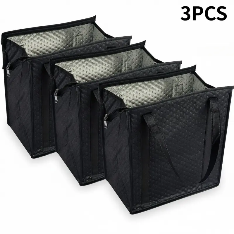 3-piece large capacity insulated shopping bag, black thick takeaway refrigerated bag, aluminum foil waterproof picnic storage bag, reusable supermarket shopping tote bag