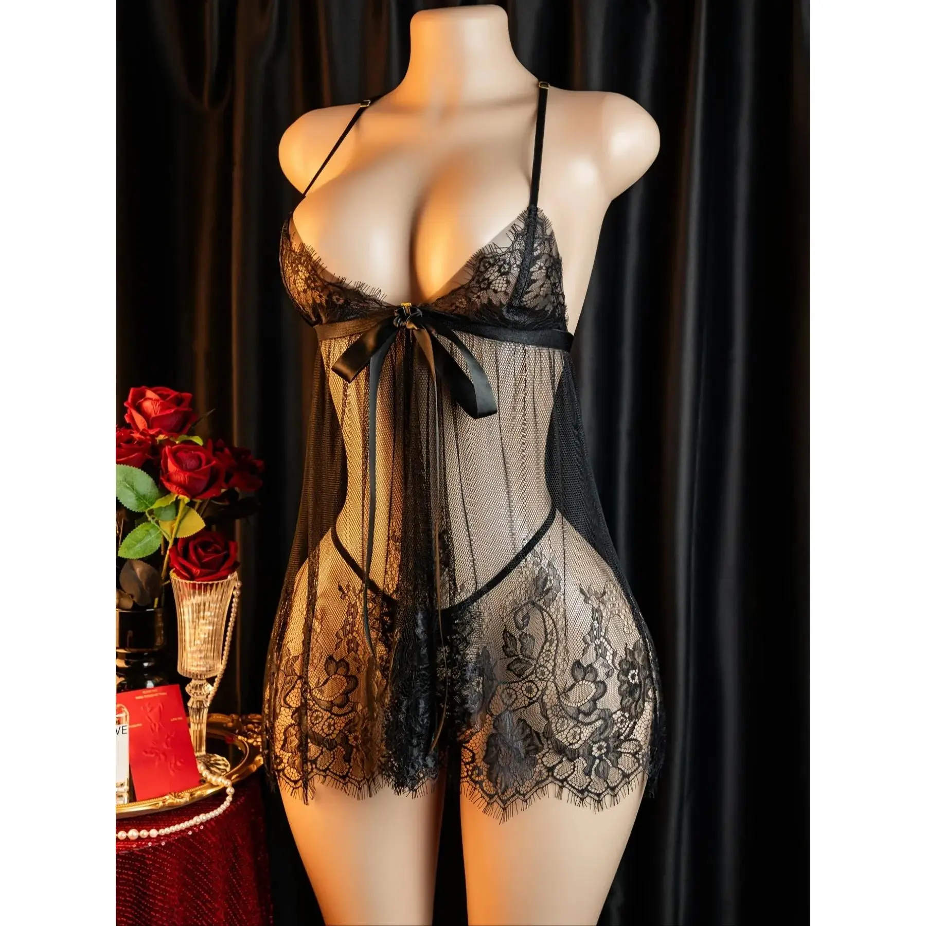 Women's Sexy Floral Lace 2-Piece Lingerie Set - Polyester Mesh Chemise, Cropped Top, Geometric Accents, Breathable Thin Fabric, Tight Fit, Thong Included, All Seasons, Hand Wash Friendly