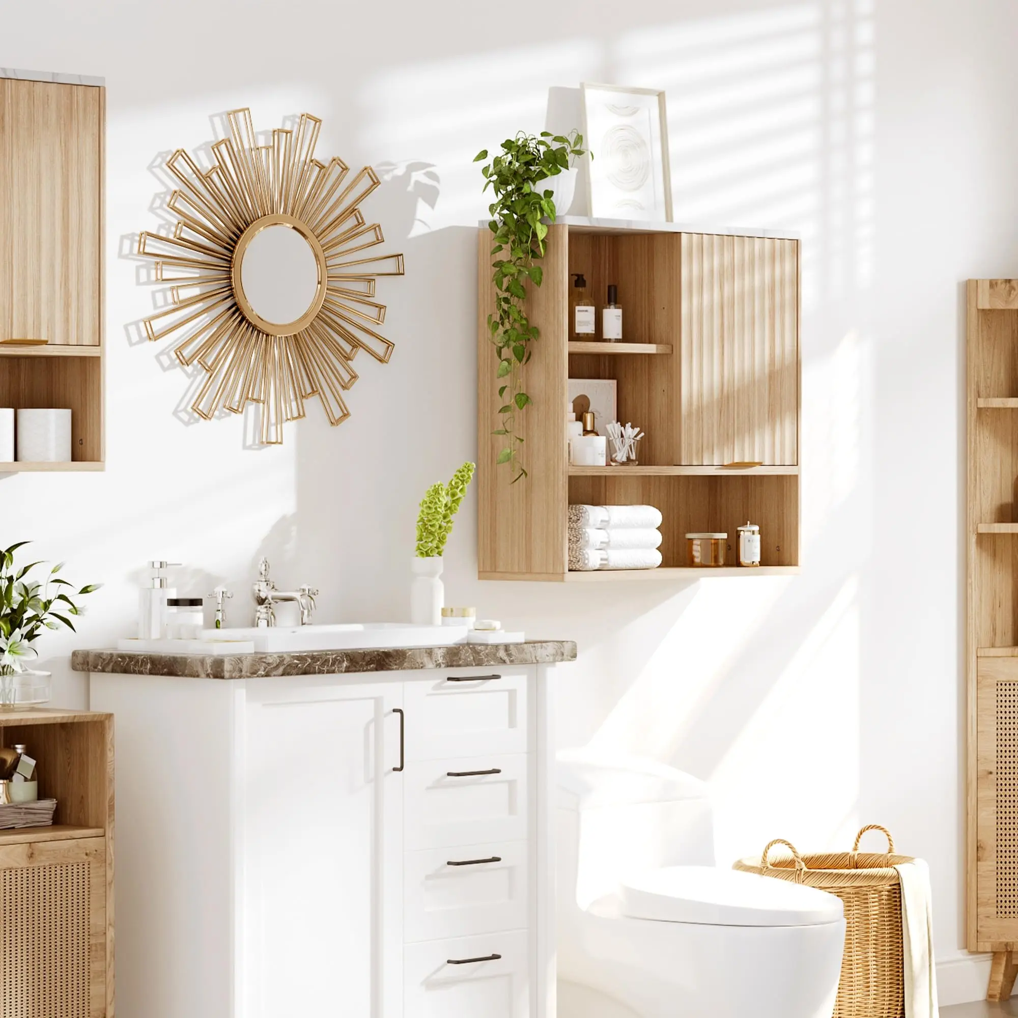 Garvee Bathroom Wall Storage Cabinet , Modern Farmhouse Fluted Medicine Cabinet with with Faux Marble Top Fluted Sliding Door and Adjustable Shelf for Kitchen Dining Room Living Room, Natural Oak