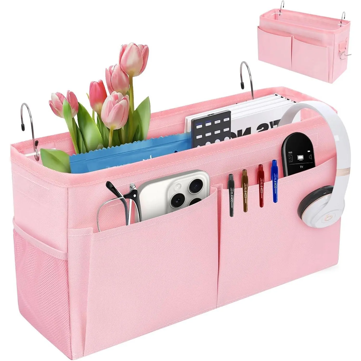 Bedside Caddy Organizer with Fixed Straps - Versatile Storage for Bunk Beds, Dorms, Hospitals, Cribs & Home, Pink