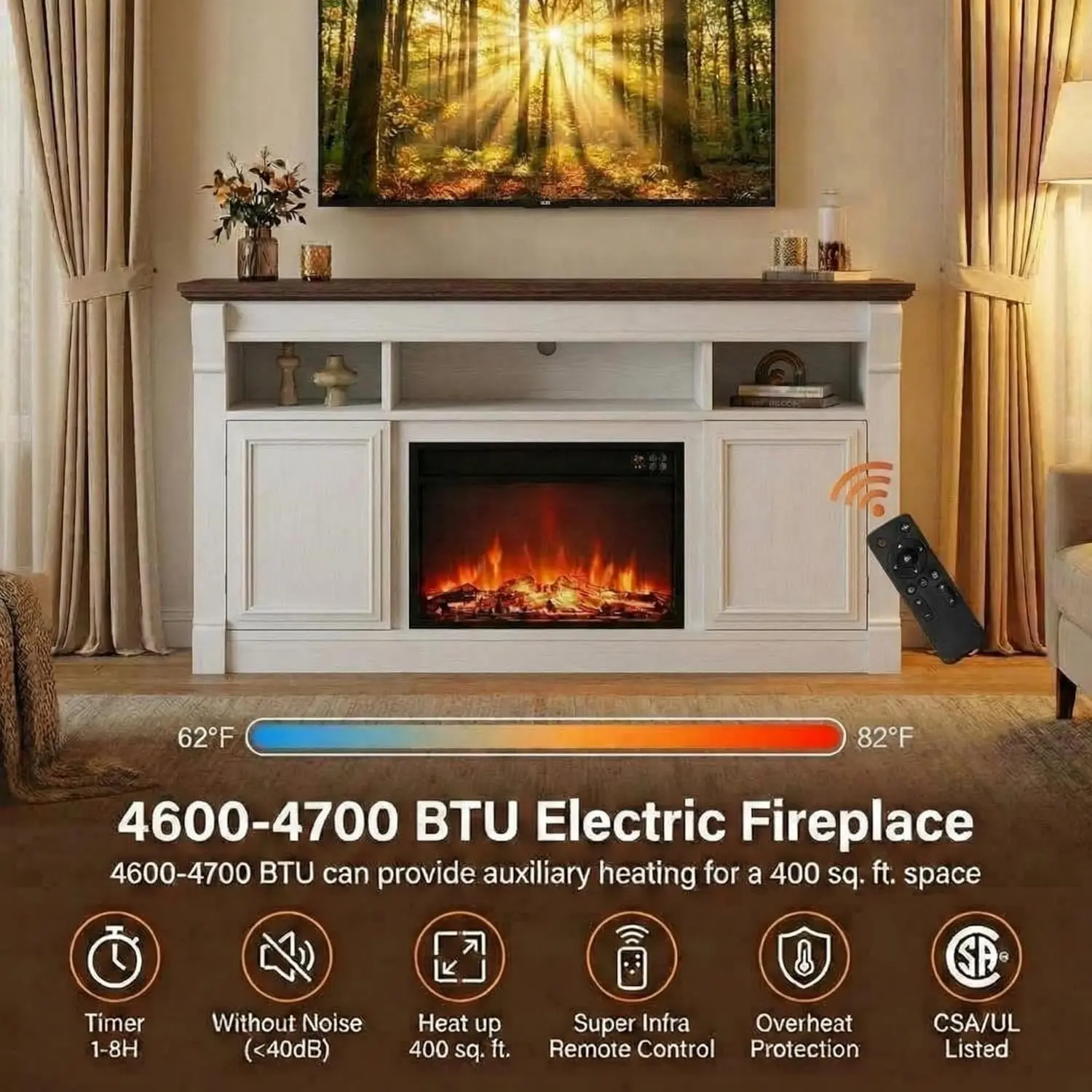 Garvee 36-Inch Farmhouse Look Rectangular Wood Frame Electric Fireplace Insert - Household Heater, Living Room Decor Furniture, Adjustable Flame, Remote Control, Fits Up to 67-Inch TVs (Only Fireplace Included, No Matching Table)
