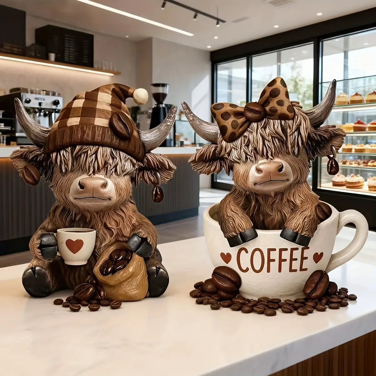2-Piece Bulk Value Pack Highland Cow Figurine, Cost-Effective Seated Resin Cattle Statue with Tartan Hat & Coffee Cup Combo, Space-Saving Cute Desk Ornament Figurines Decor for Coffee Shop Commercial Props, Highland Cow Statues