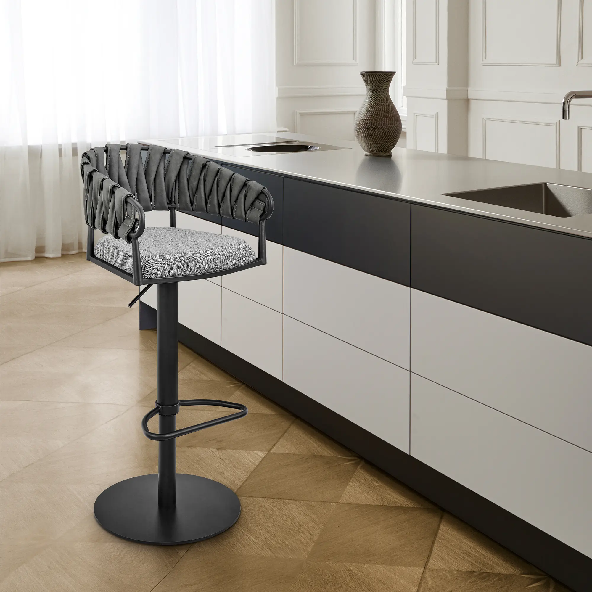 ARCH Blaise Adjustable Swivel Counter or Bar Stool, Black Metal Frame, Gray Fabric and Faux Leather Seat, 360-Degree Swivel, Height Adjustable, Modern Industrial Design, Kitchen Island or Home Bar Seating, Single Stool, Living Room Table for Sofa