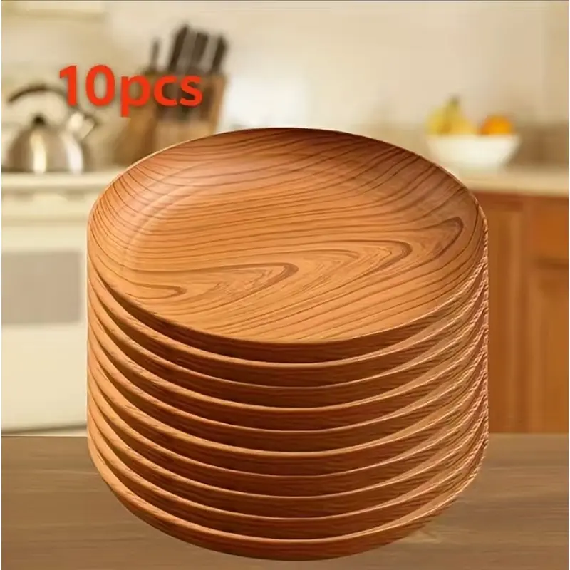 10pcs creative new wood grain color plate-plastic material circular stripe pattern | high luxury is suitable for home, dessert shop restaurant snack fruit tray, water cup tea tray | commercial cake dessert plate | Dishwasher Safe Tableware