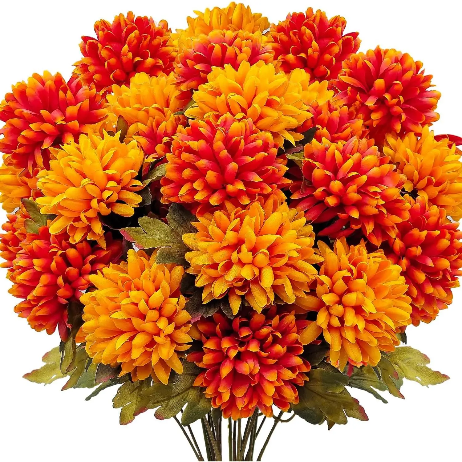 4 Bundles Large Artificial Fall Decorative Mums, Silk Chrysanthemums Bouquet for Outdoor Planters, Home Vase, Front Porch Table Arrangements & Autumn Wedding Decor (Orange+Yellow)