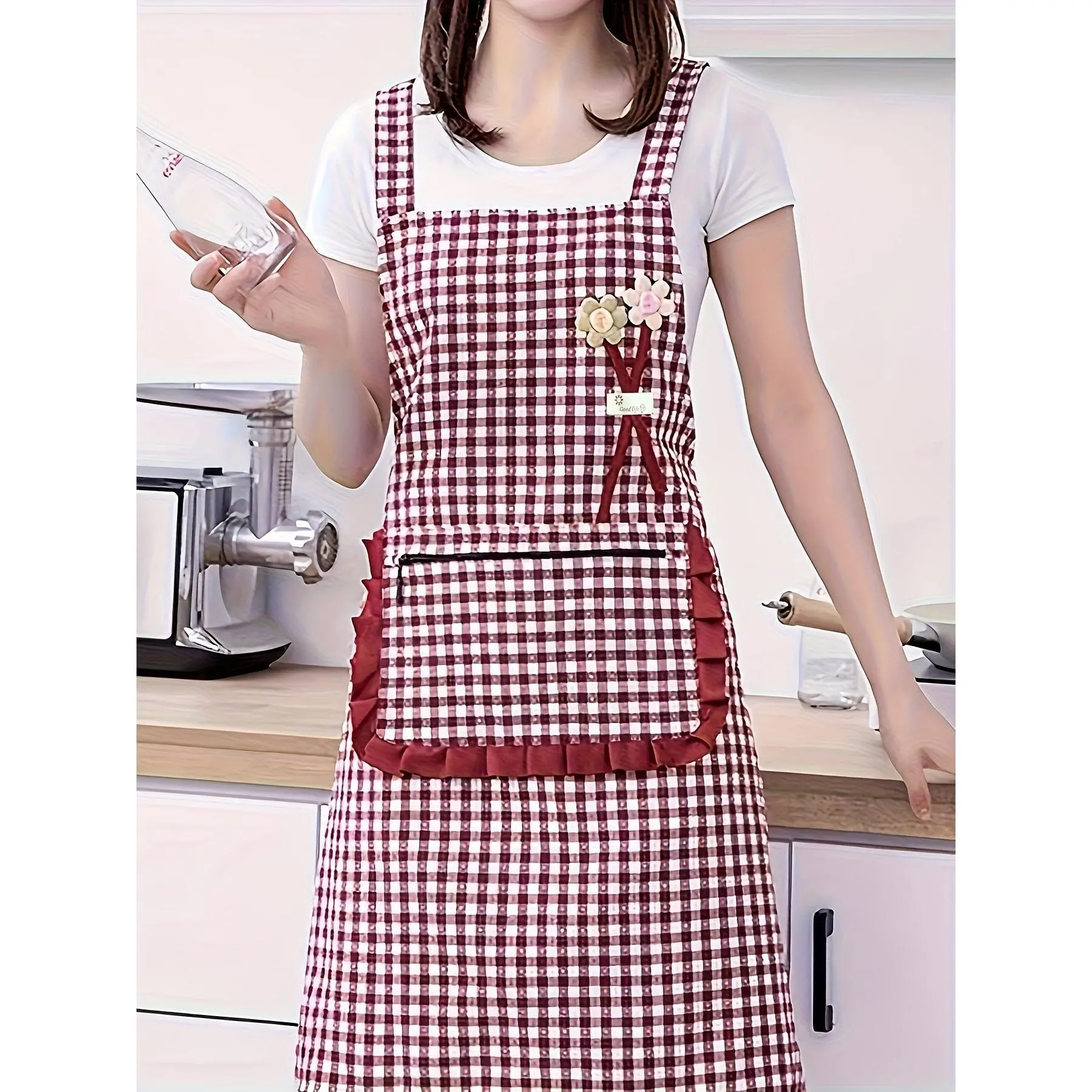 Fashionable Ladies' Checkered Print Work Apron, Japanese and Korean Style Gardening Apron, Studio Gardening Work Apron, Outdoor Apron, Cleaning Smock for Kitchen Cooking Apron, Restaurant Group-buying Apron, Gift Apron.