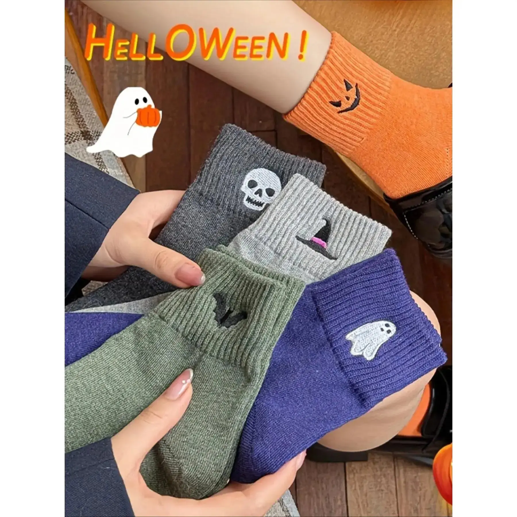 Women's Halloween Socks 5-Pack, Cute Pumpkin Ghost Cartoon Crew Socks, Soft Cozy Mid Calf Novelty Socks for Fall Winter & Holiday Gifts