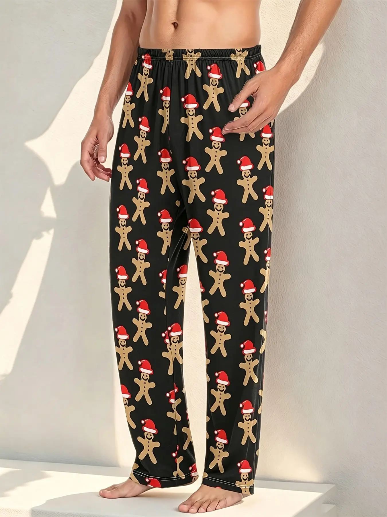 Unisex Christmas Gingerbread Man With Santa Hat All Over Print Sleep Pants Elastic Drawstring Waist Loose Straight Leg Soft Home Loungewear Holiday Casual Trousers With Side Pockets