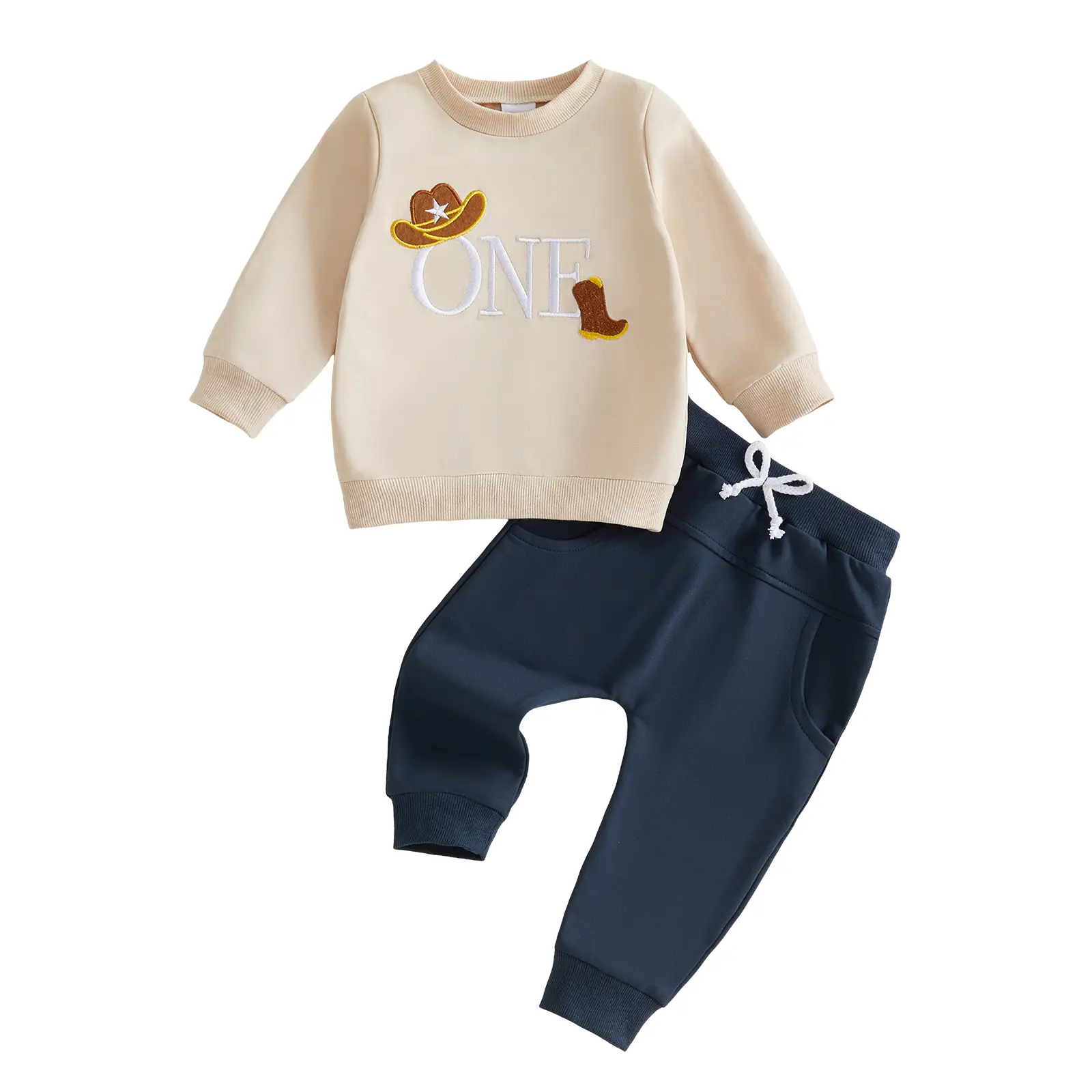 Toddler Baby Little Boy My First Birthday Outfit Long Sleeve Western Embroidery Sweatshirt Pants Set Fall Winter 6-18 Months