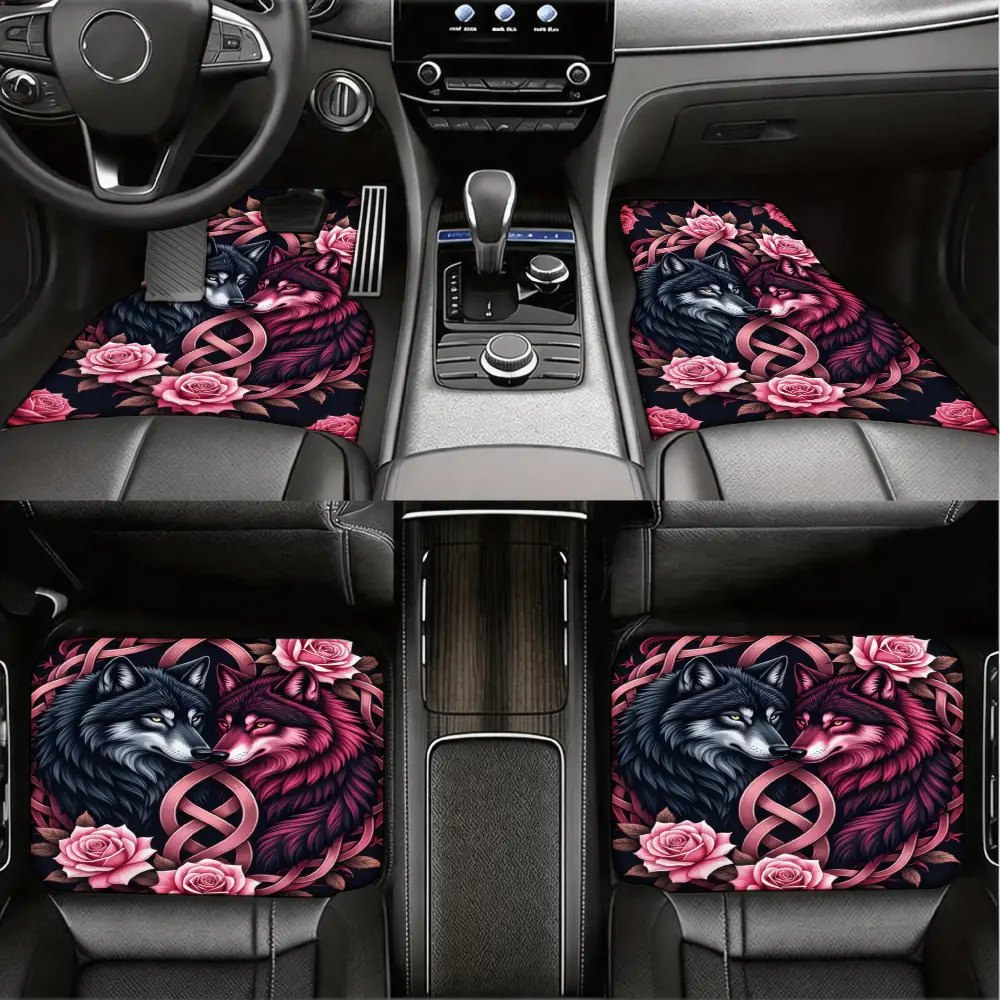 Automotive Interior Accessories, Car Floor Mats, Pink Rose And Wolf Pattern With Infinity Symbol, Non-Slip Durable Fabric Material, For Couples And Pet Lovers Driving Scene, 4 Piece Set Front And Rear