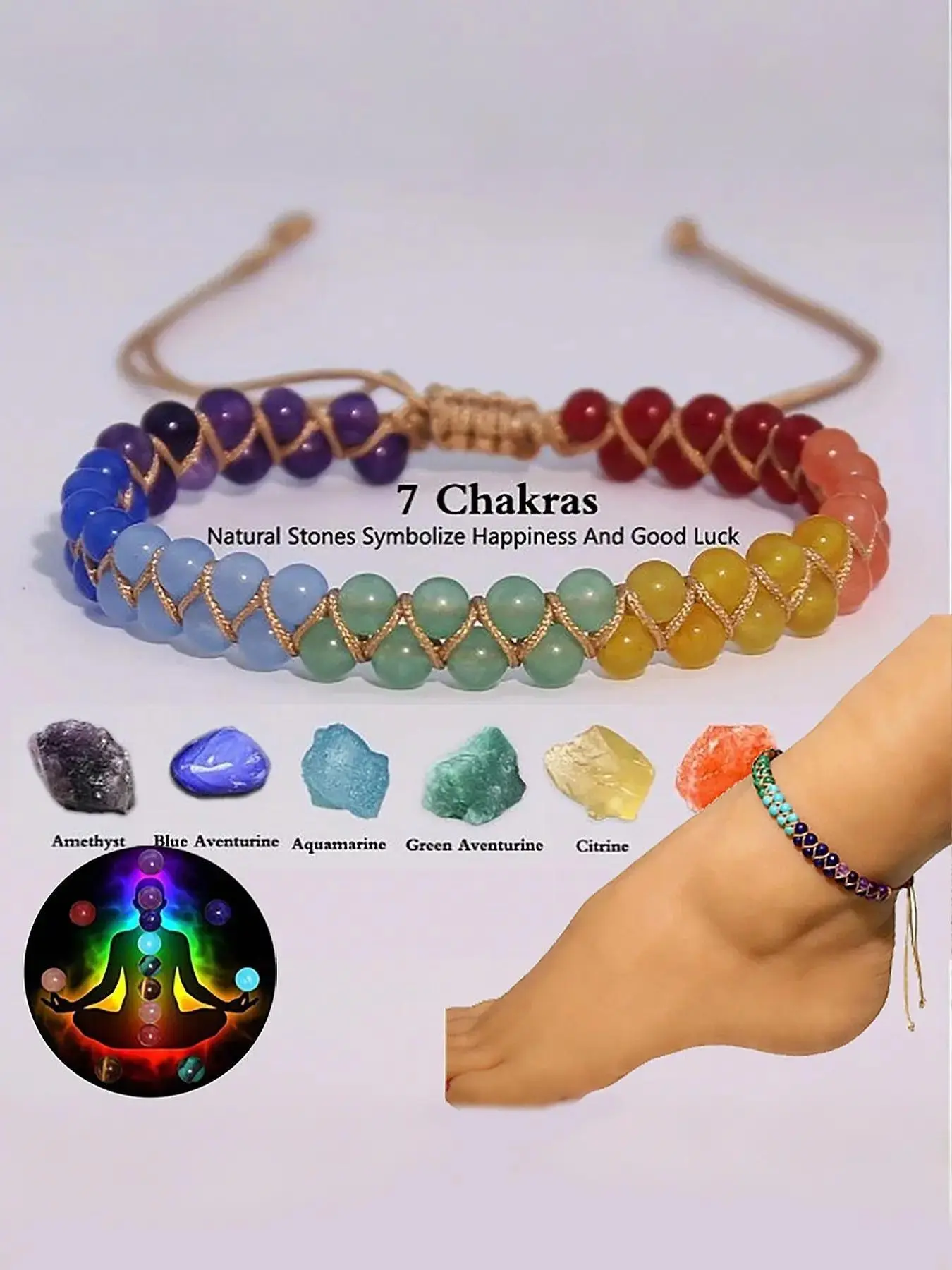 Handmade Lapis Lazuli Crystal Anklet, Seven Chakras Braided Wristband, Symbolic Jewelry Gift, Spiritual Happiness and Good Luck, High-Quality Bracelet