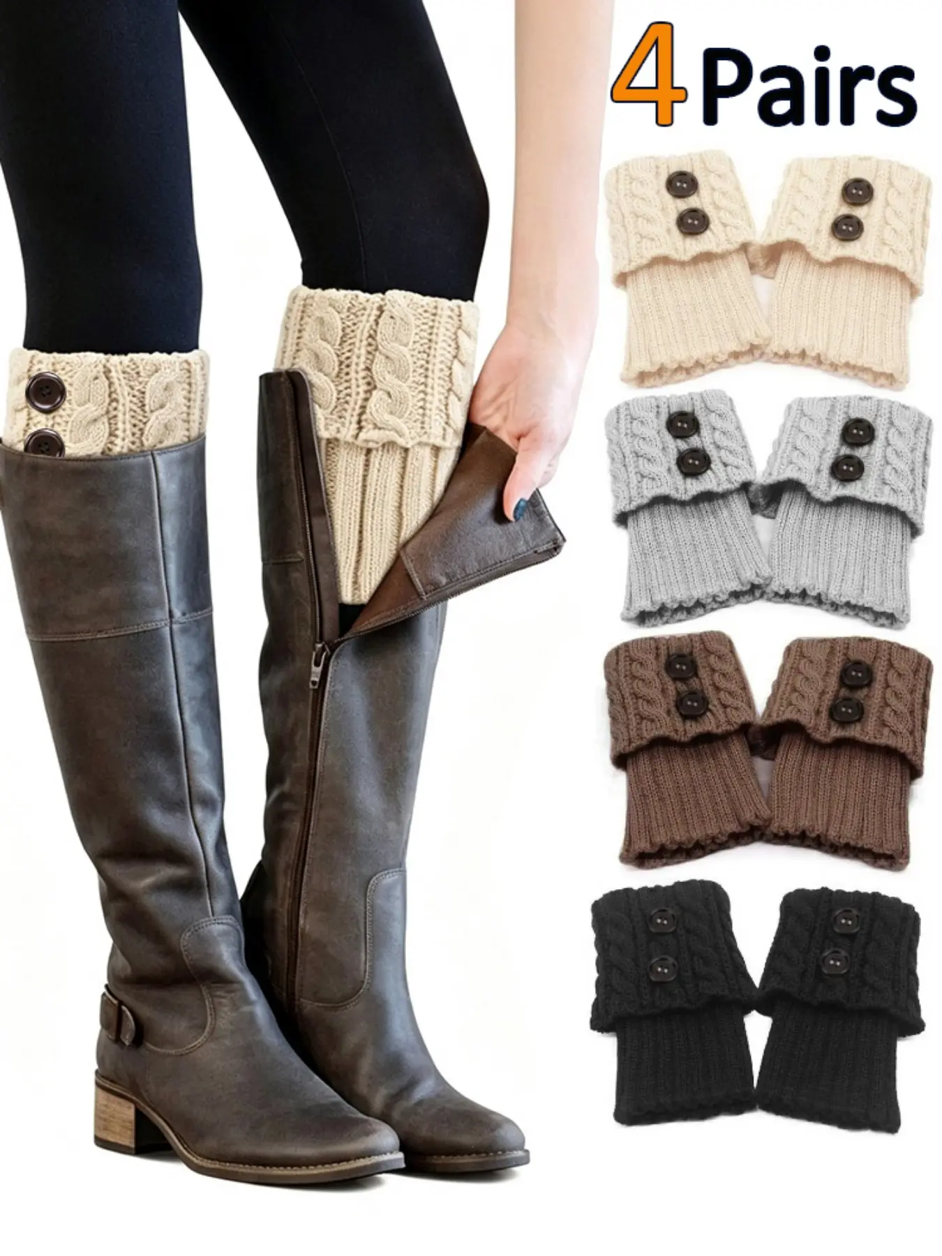 4 Pairs Women's Retro Knit Warm Socks, Folded Double Button Boot Top, Elastic Warm Knee Knit Boot Socks, Winter Thigh High Boots