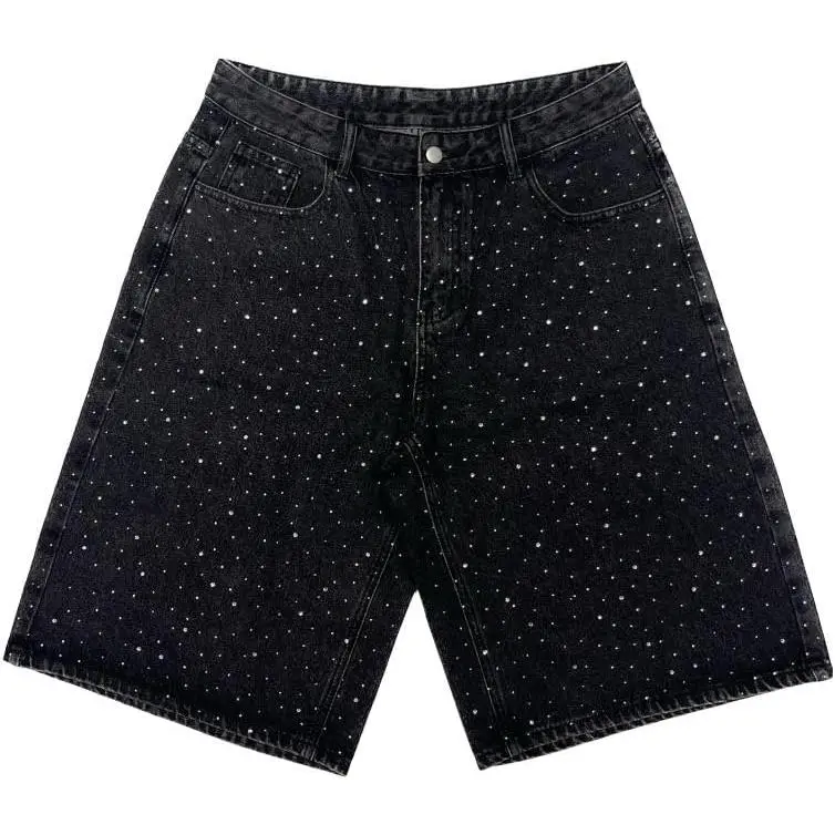 Men's Baggy Graphic Denim Jorts - Black, Designer Distressed Look, 12oz Mid-Weight Stretch Denim, Hand-Embellished Crystal Studs, Geometric Rhinestone Embroidery, Industrial-Grade Adhesive, Loose Fit Casual Streetwear Bottoms with Button Closure