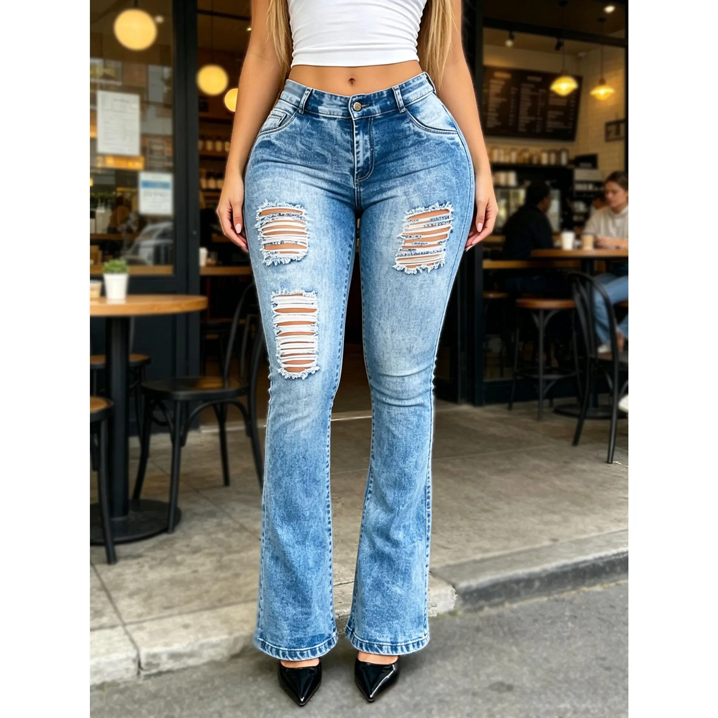 Plus Size Lady's Mid-Rise Ripped Bootcut Jeans, Retro Washed Denim, Comfy Elastic Waist, 3X Outfit for Dates, Streetwear