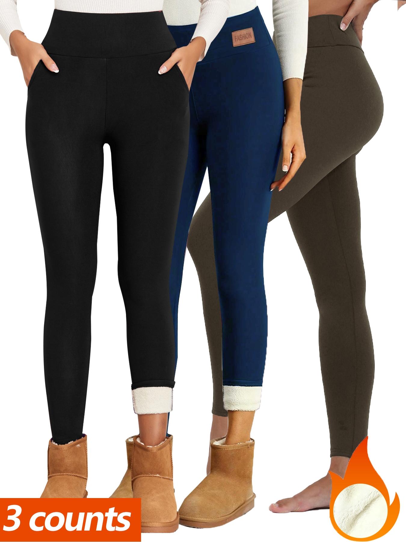 Women's Solid/Letter Embroidery Pocket Sports Leggings, Thermal Lined High Waist Skinny Pants, Ladies Warm Sportswear for Yoga Gym Workout, Yoga Training Pants