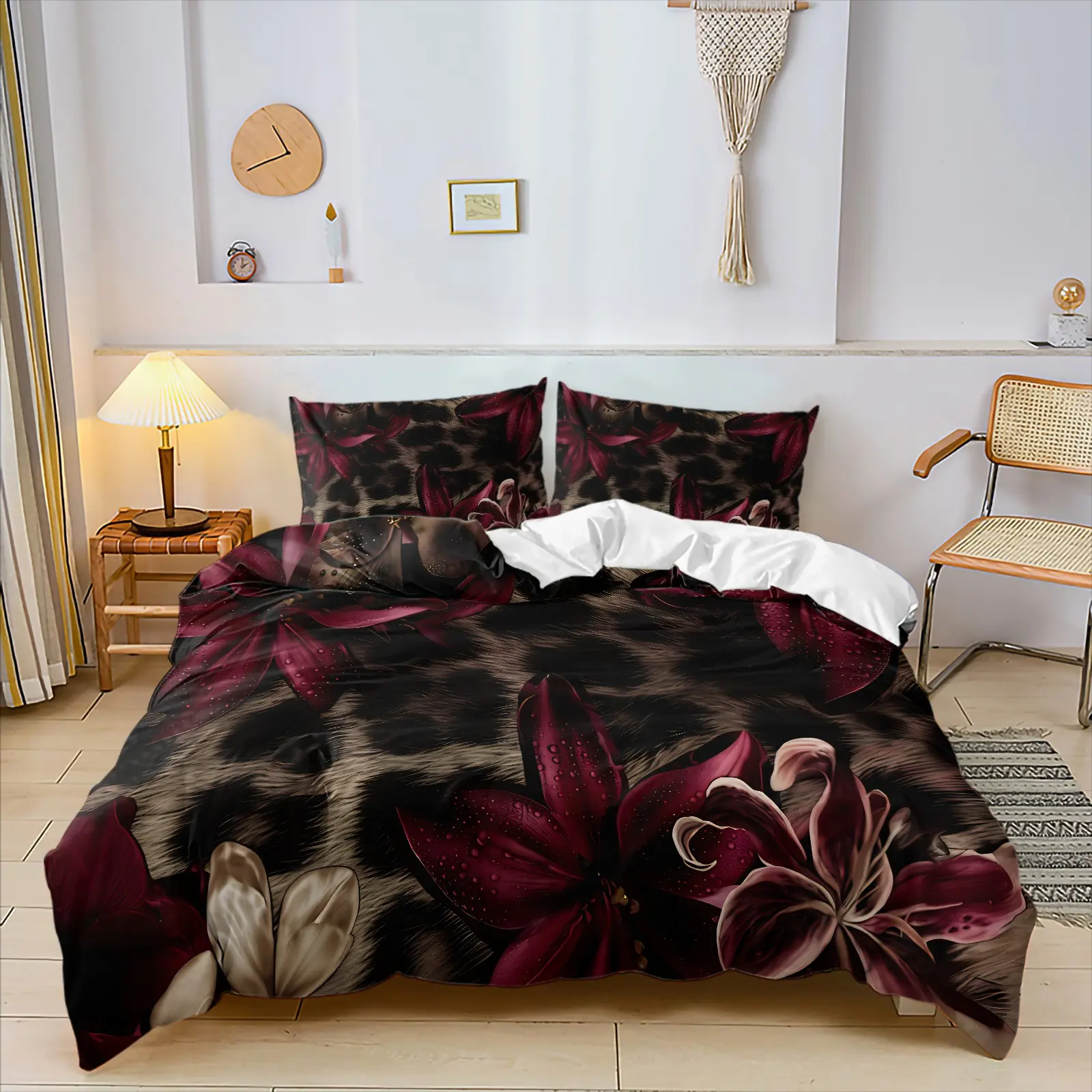 Dark Leopard Print Burgundy Lily Floral Duvet Cover Set, Include 1 Quilt Cover and 1/2 Pillowcases without Core, Faux Fur Texture Burgundy Dew Lily Print Lightweight Breathable Comforter Cover, All Seasons Use, Soft Skin-friendly, Print Bedding Set