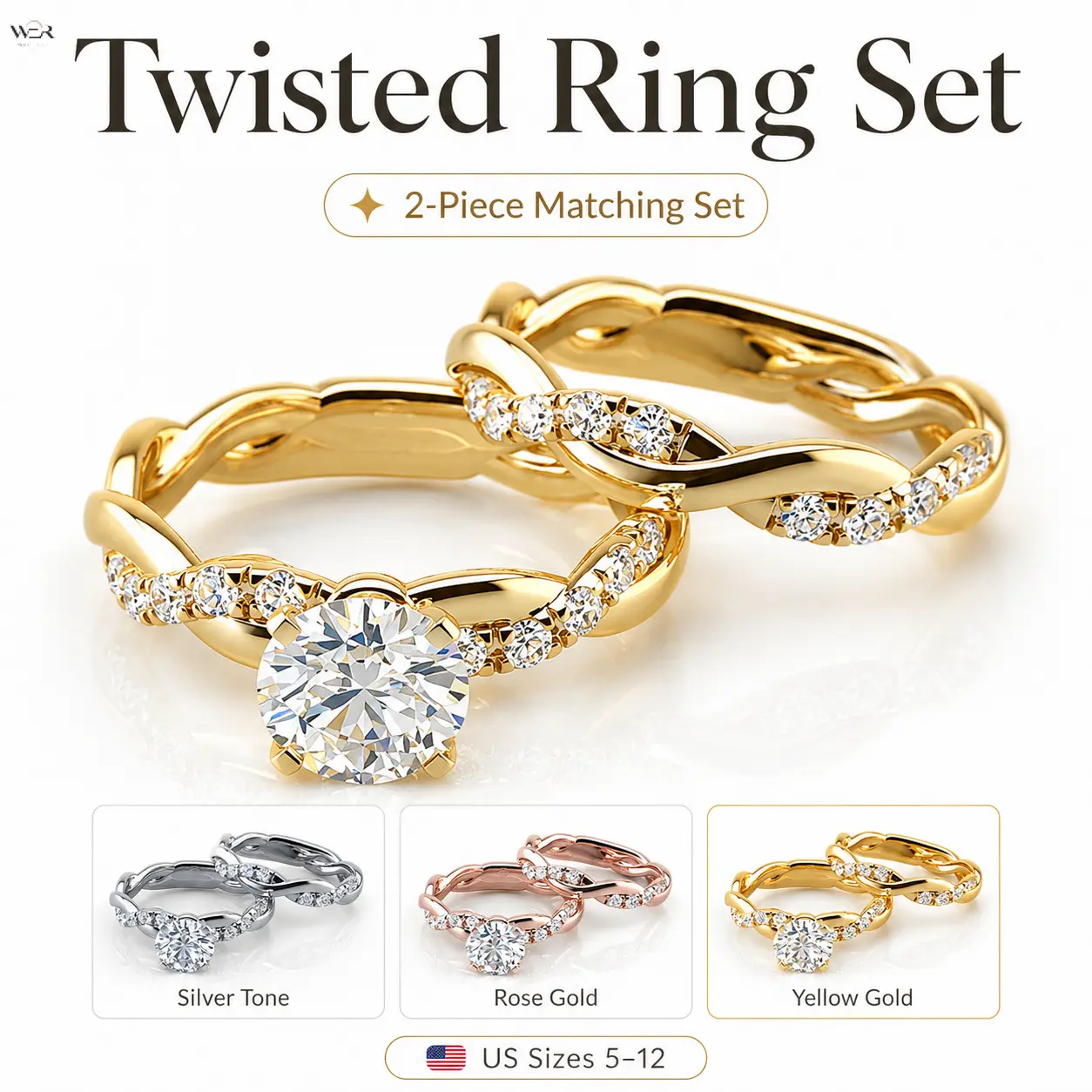 Twisted 2-Piece Bridal Ring Set Round Cut Cubic Zirconia Engagement Promise Band 3 Finishes Yellow Gold Rose Gold Silver US Sizes 5-11 Women Wedding Matching Jewelry Size Reference Chart