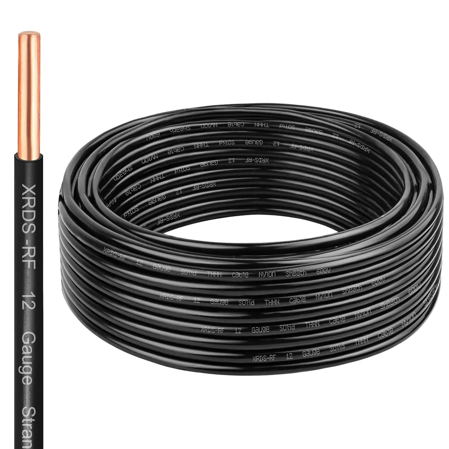 THHN Wire 25 FT, Single Bare Copper Conductor, 12AWG Black Electrical Wire, Solid Building Wire 600V Nylon Sheath Cable for Indoor/Outdoor Applications