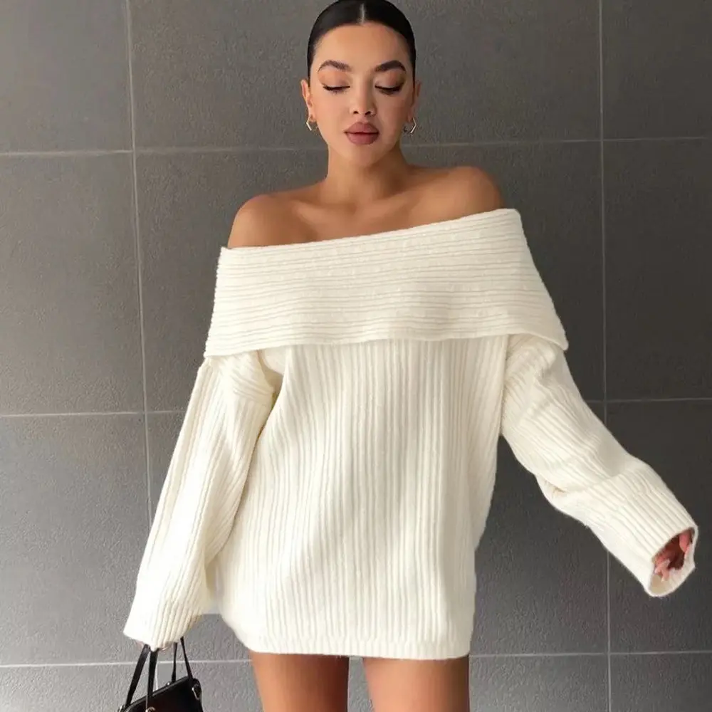 Women's 2026 Autumn New 1-Word Collar (Crew Neck) Off-Shoulder Long-Sleeved Loose Lightweight Polyester Knit Sweater, Sexy Hand-Washable Top