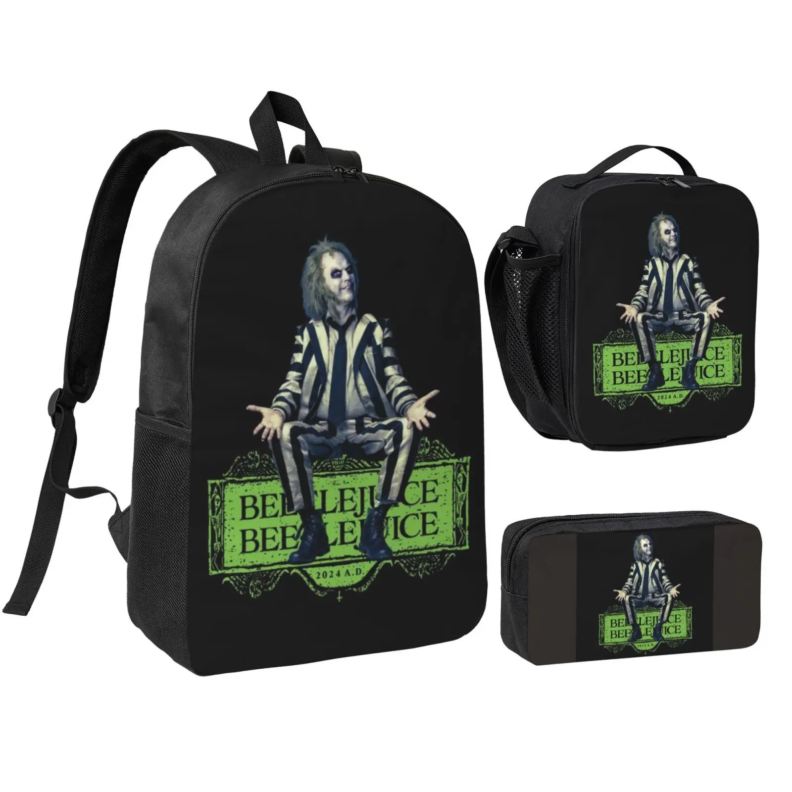 Anime Beetlejuice backpack with lunch bag pencil box for Teen Girls Boys, 3pcs kids school bag with adjustable straps, office travel bag Bookbag lunchbox
