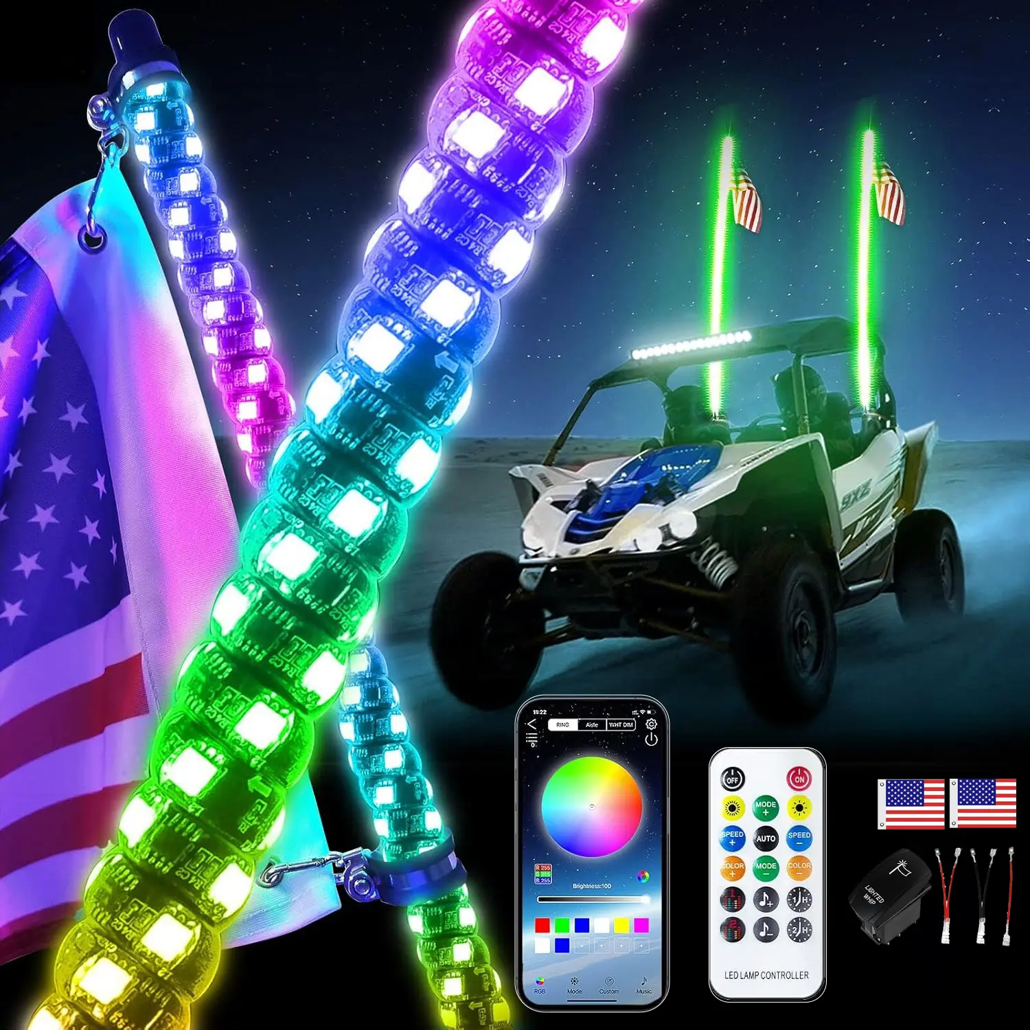 3FT RGB LED Whip Lights Pack - 0.8in Fiberglass Base Coil Pattern Ambient Lights, IP67 Rated, Remote Sync, Quick Install Accessories for Polaris, UTV/Gokart, ATV Off Road Vehicles, DIY Compatible