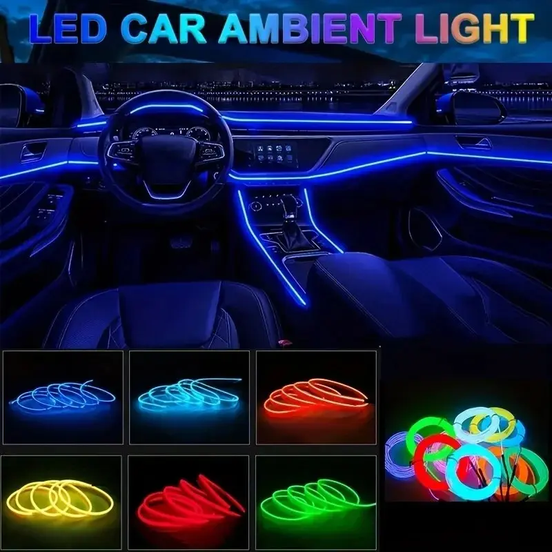 16FT Electroluminescent EL Car LED Strip Lights, USB Powered Multicolor Interior Ambient Fiber Light Kit with Fuse Protection