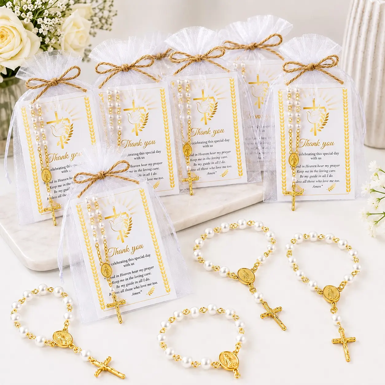 30pcs/10sets Catholic Baptism Favors for Guests, Pearl Rosary Bracelets with Gold Cross Charms, Organza Gift Bags and Thank You Prayer Cards, First Communion, Confirmation, Christening, Wedding and Church Celebration Keepsake Gifts