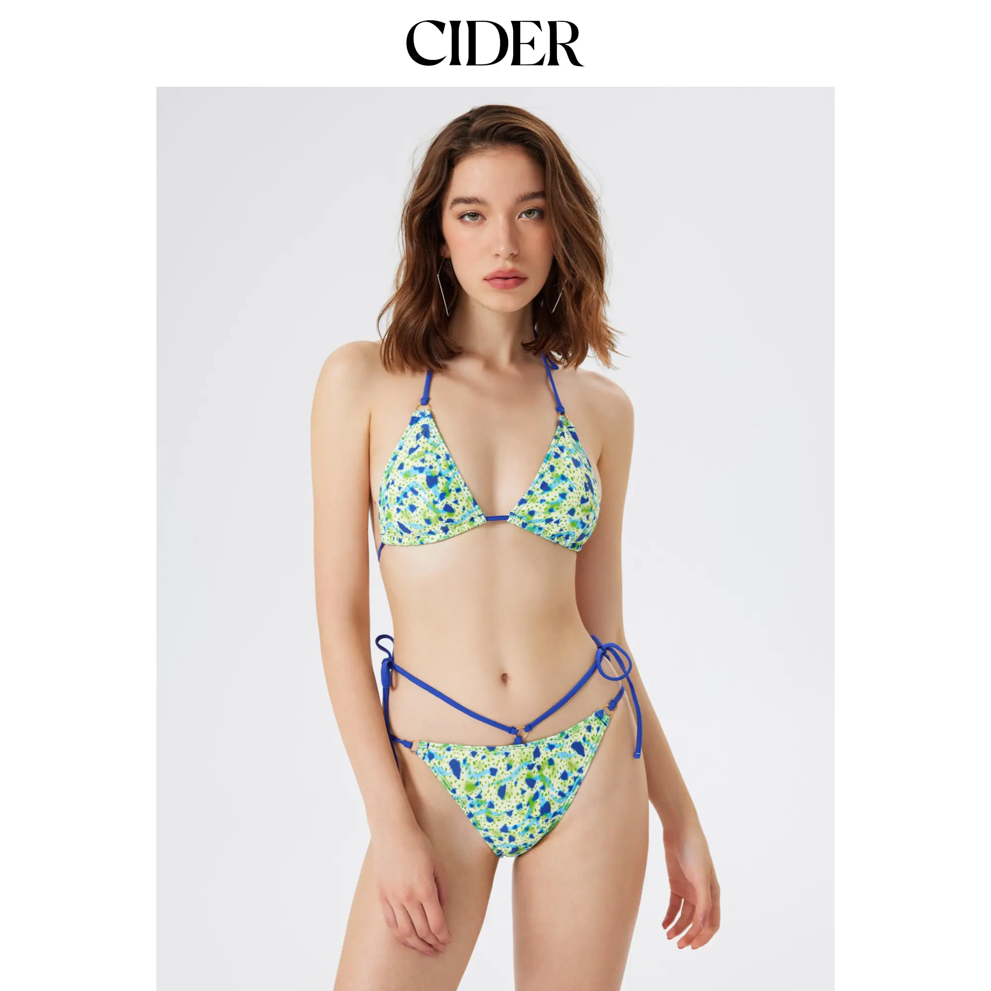 Cider Abstract Pattern Halter Bikini Swimsuit