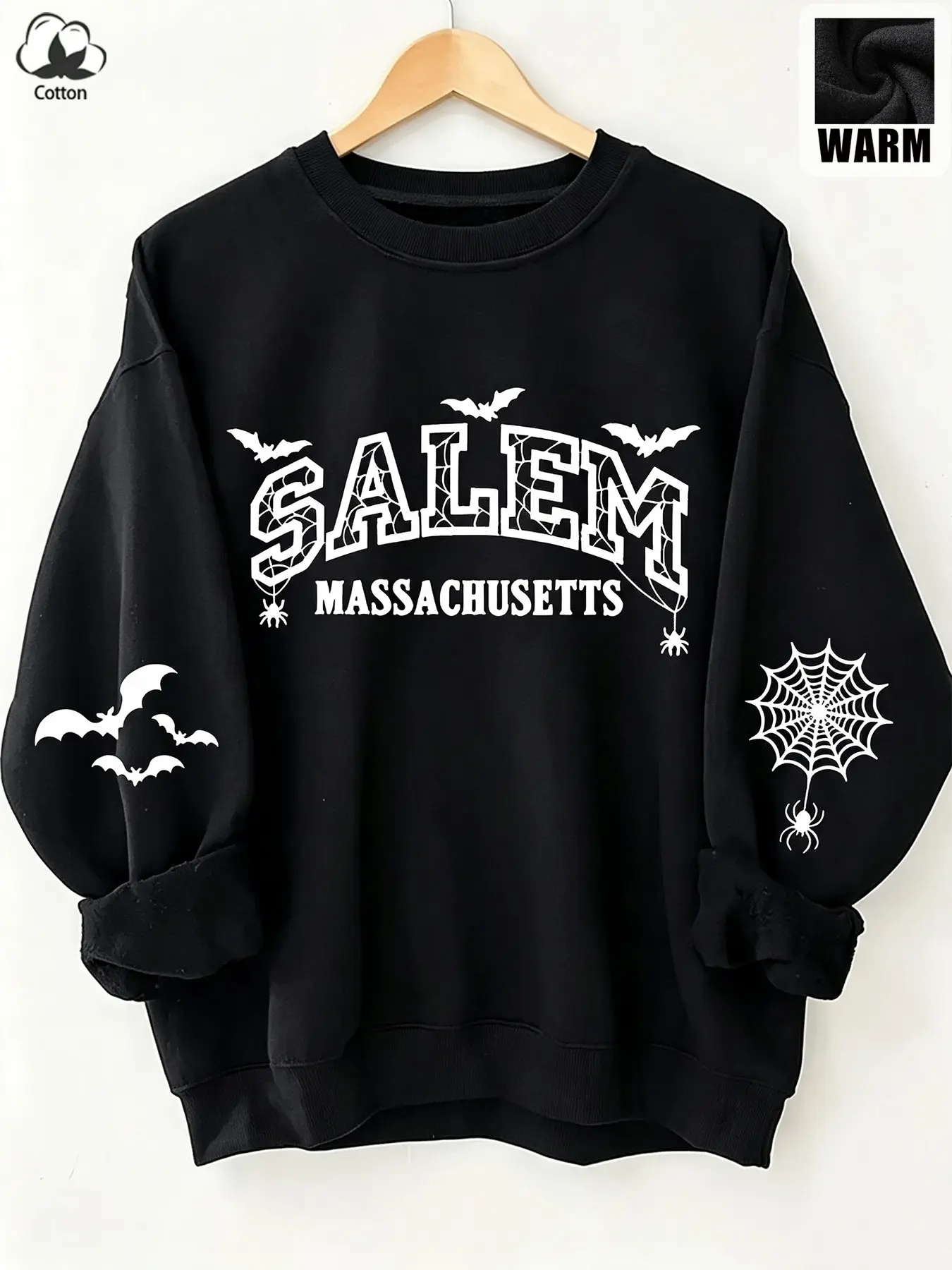 Unisex Black Fleece Salem Bat Spider Web Print Dark Aesthetic Streetwear Crewneck Sweatshirt Halloween Dark Retro Oversized Warm Pullover Top