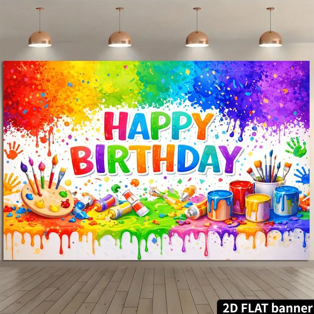 2D Flat Artistic Painting Theme Birthday Party Banner Decor - Colorful Splattered Paint, Palette, Brushes, Paint Cans, Handprint Elements, Durable Polyester, Lightweight, No Power Needed, Indoor/Outdoor Backdrop, Photo Prop, Gift for Home Celebrations