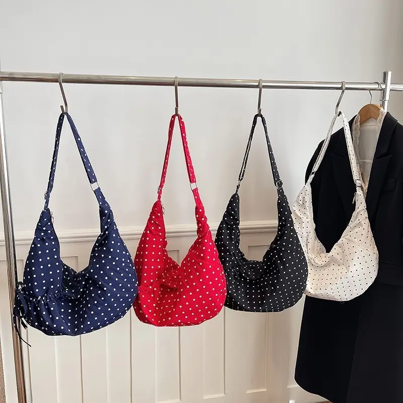 Women's Polka Dot Pleated Dumpling Bag, Chic Lightweight Nylon Crossbody Shoulder Purse for Commuting and Travel, Compact, Bags For Everyday, Everyday Bag