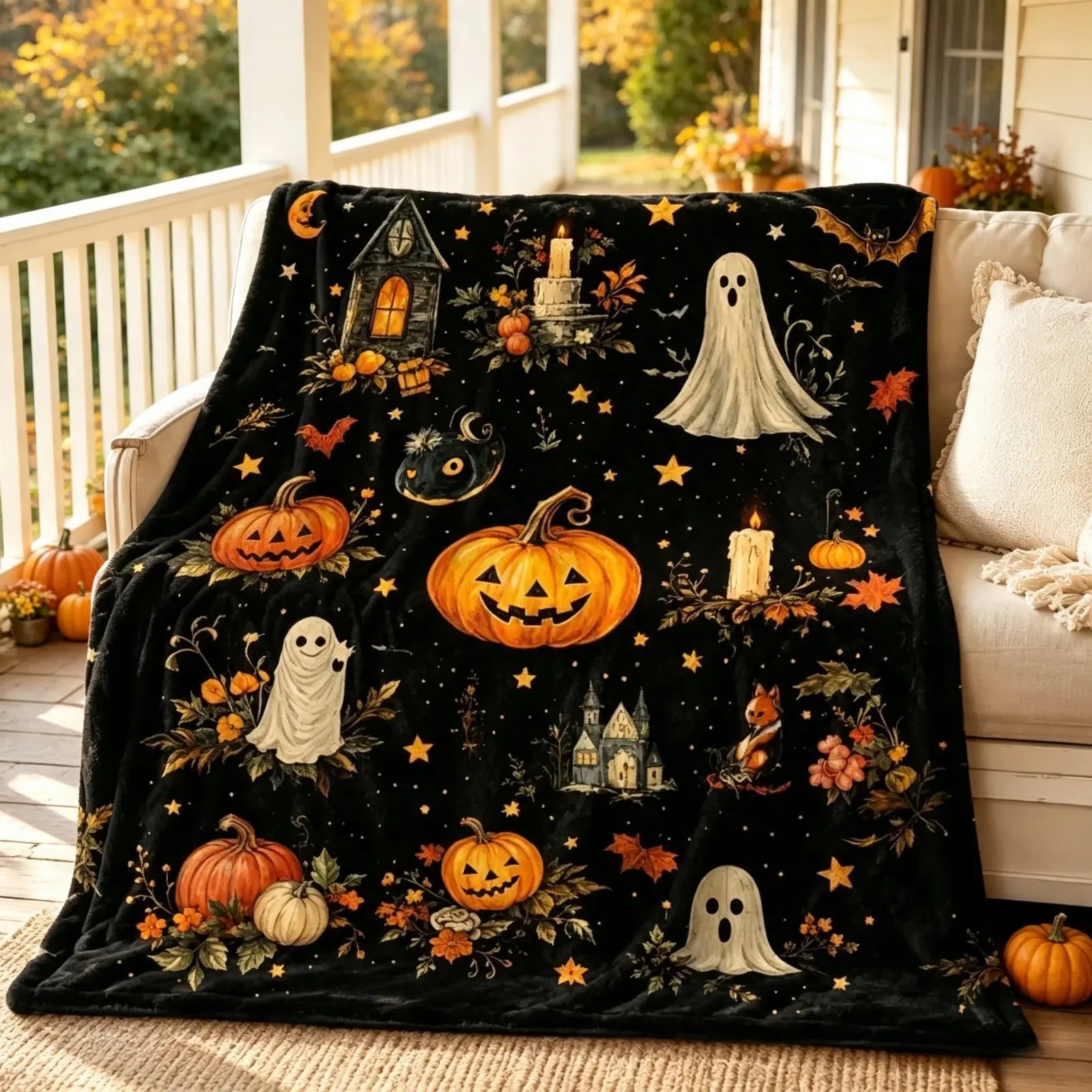 Halloween Pumpkin Ghost Flannel Blanket, Autumn Plaid Fleece Throw Blanket with Spooky Cute Print, Soft Cozy Warm Blanket for Kids Adults, AC Blanket for Sofa Bed Bedroom Living Room Fall Home Decor Holiday Gift